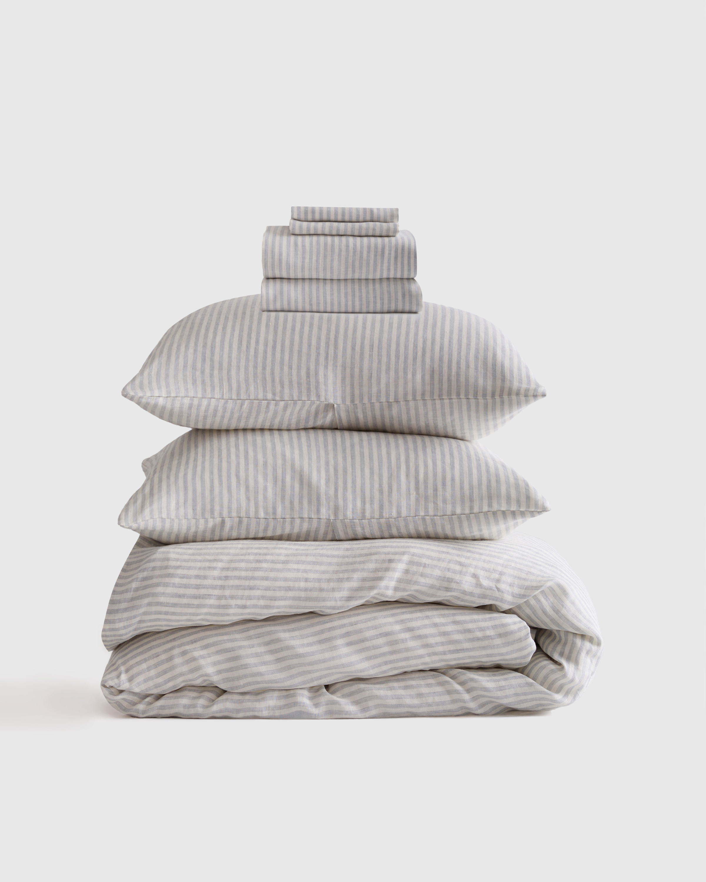 Mist/White Stripe European Linen Stripe Deluxe Bedding Bundle