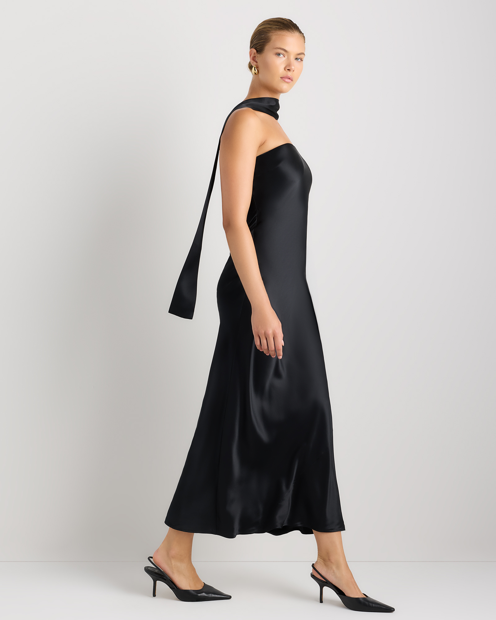 black silk dress with scarf Tailored Black Silk Party Dress