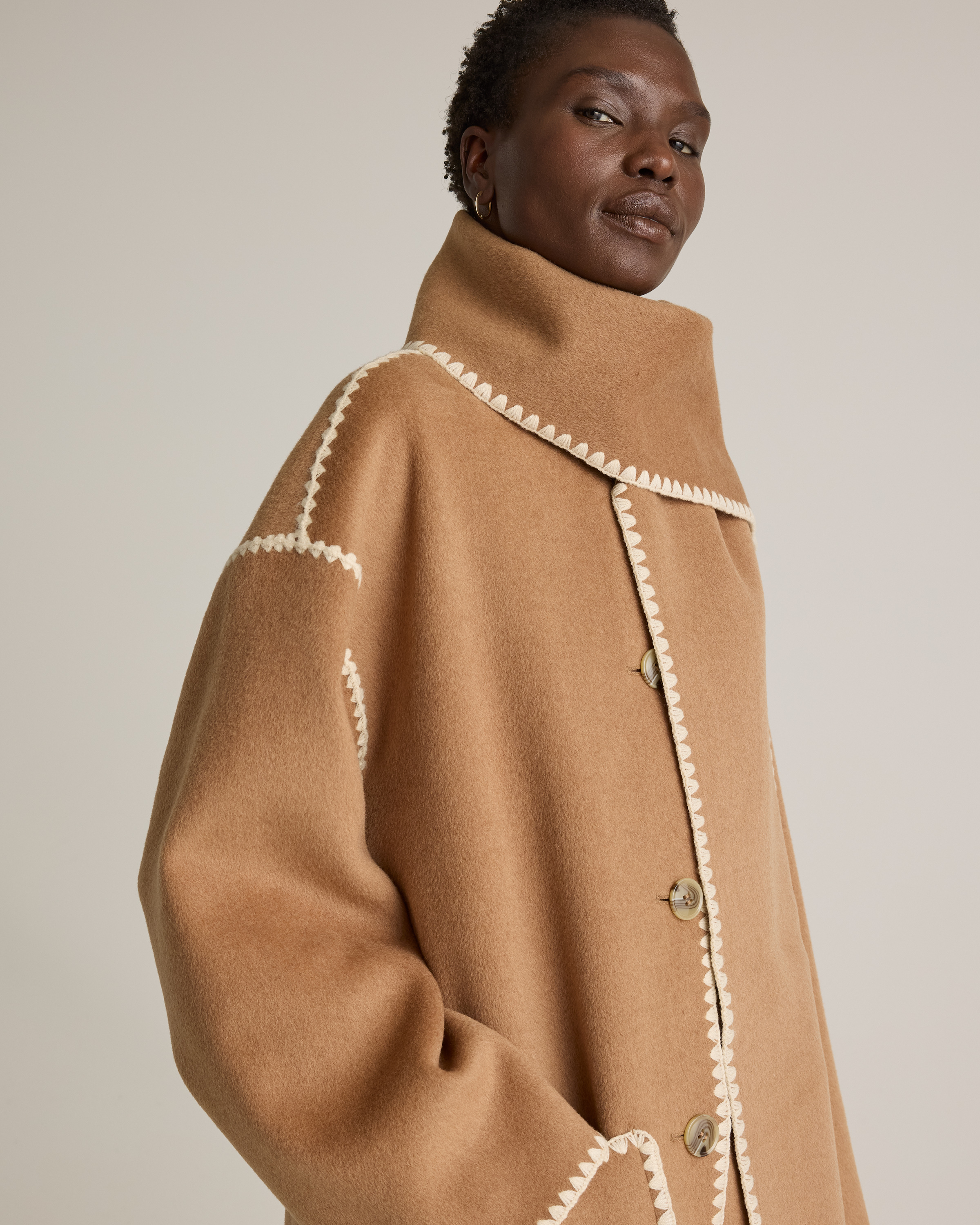 Double-Faced Merino Wool Scarf Coat in Caramel