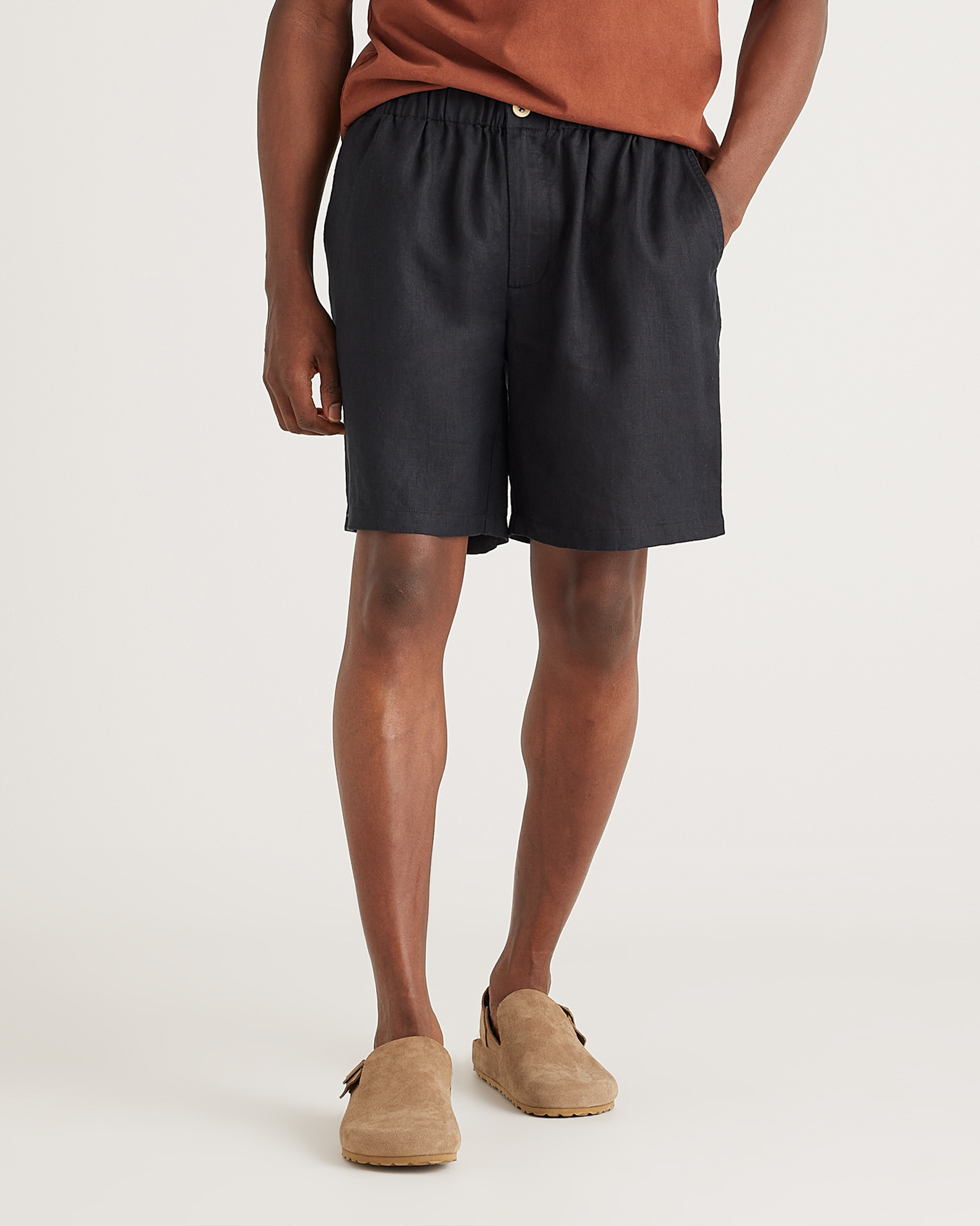 Black 100% European Linen Shorts - 8"