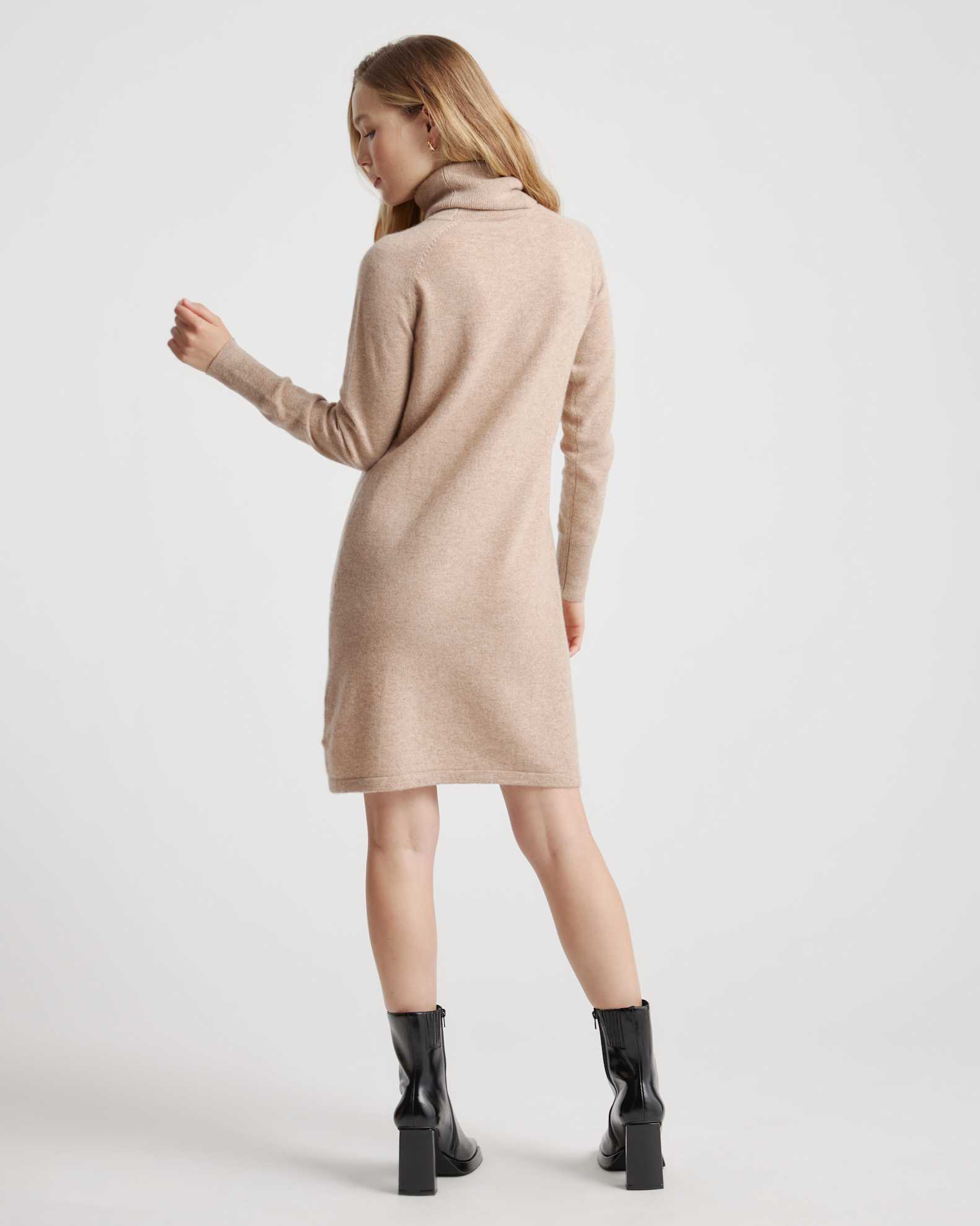 quince sweater dress Eco-Knit Ribbed Mock Neck in Black this dress is the epitome of style and comfort. Quince Women's Mongolian Cashmere Turtleneck