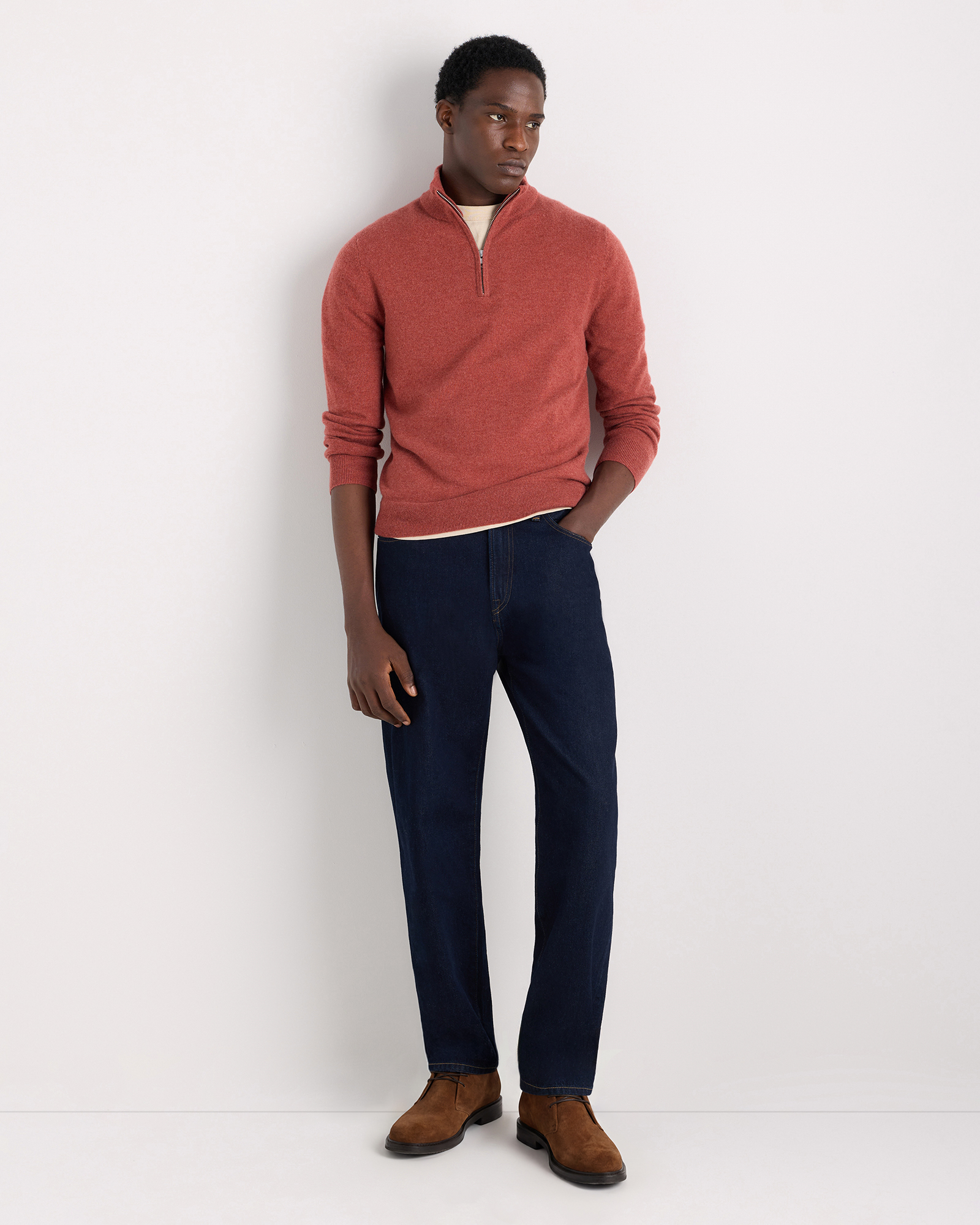 Mongolian Cashmere Quarter Zip Sweater in Heather Burnt Red