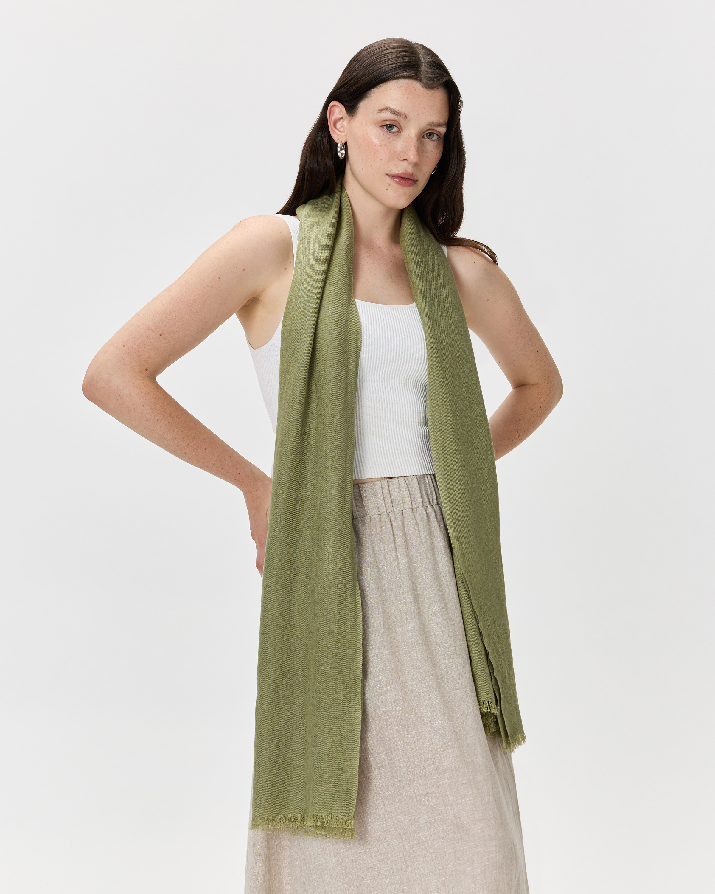 Sage Featherweight Cashmere Silk Frayed Edge Scarf