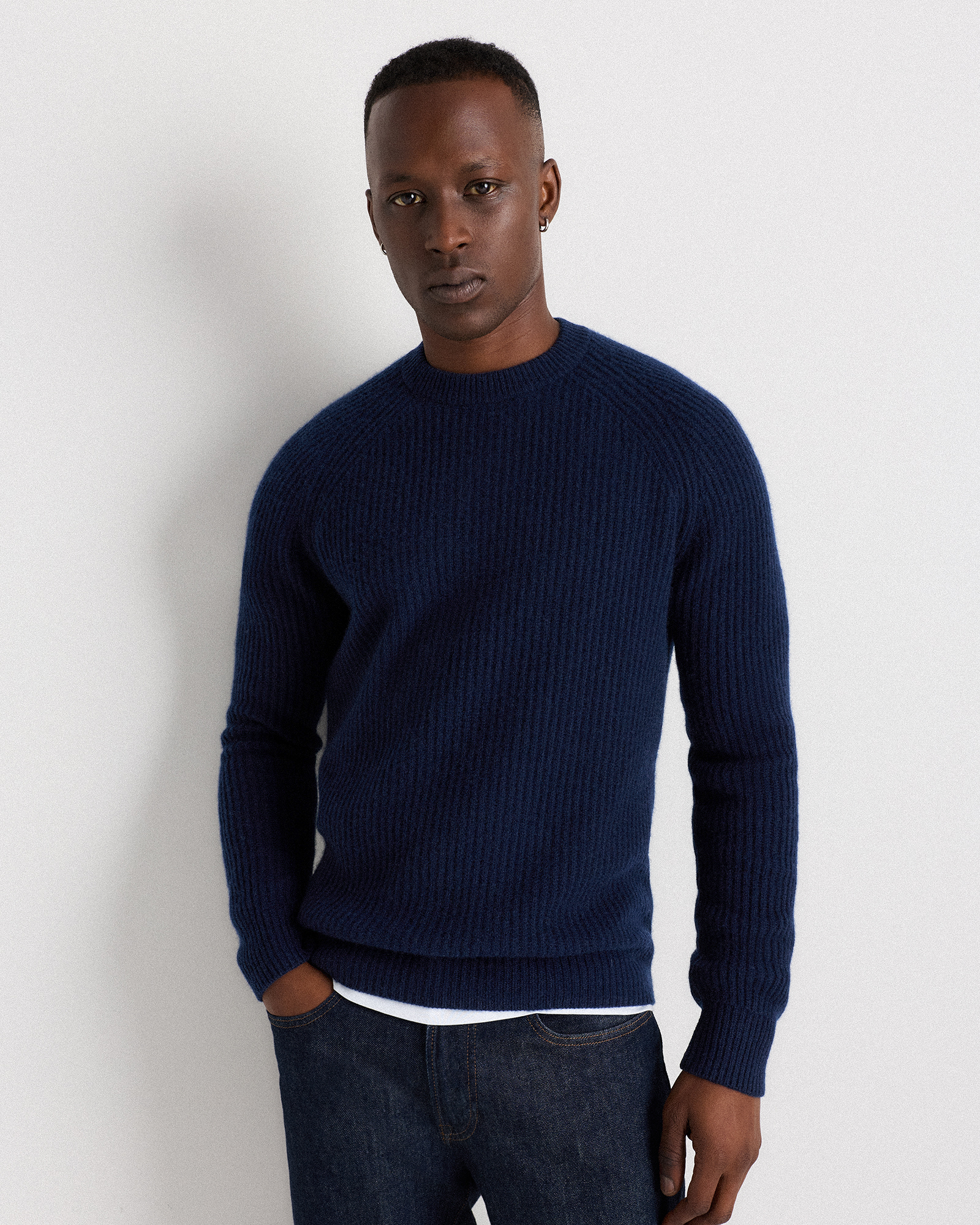 True Navy Mongolian Cashmere Fisherman Crewneck Sweater
