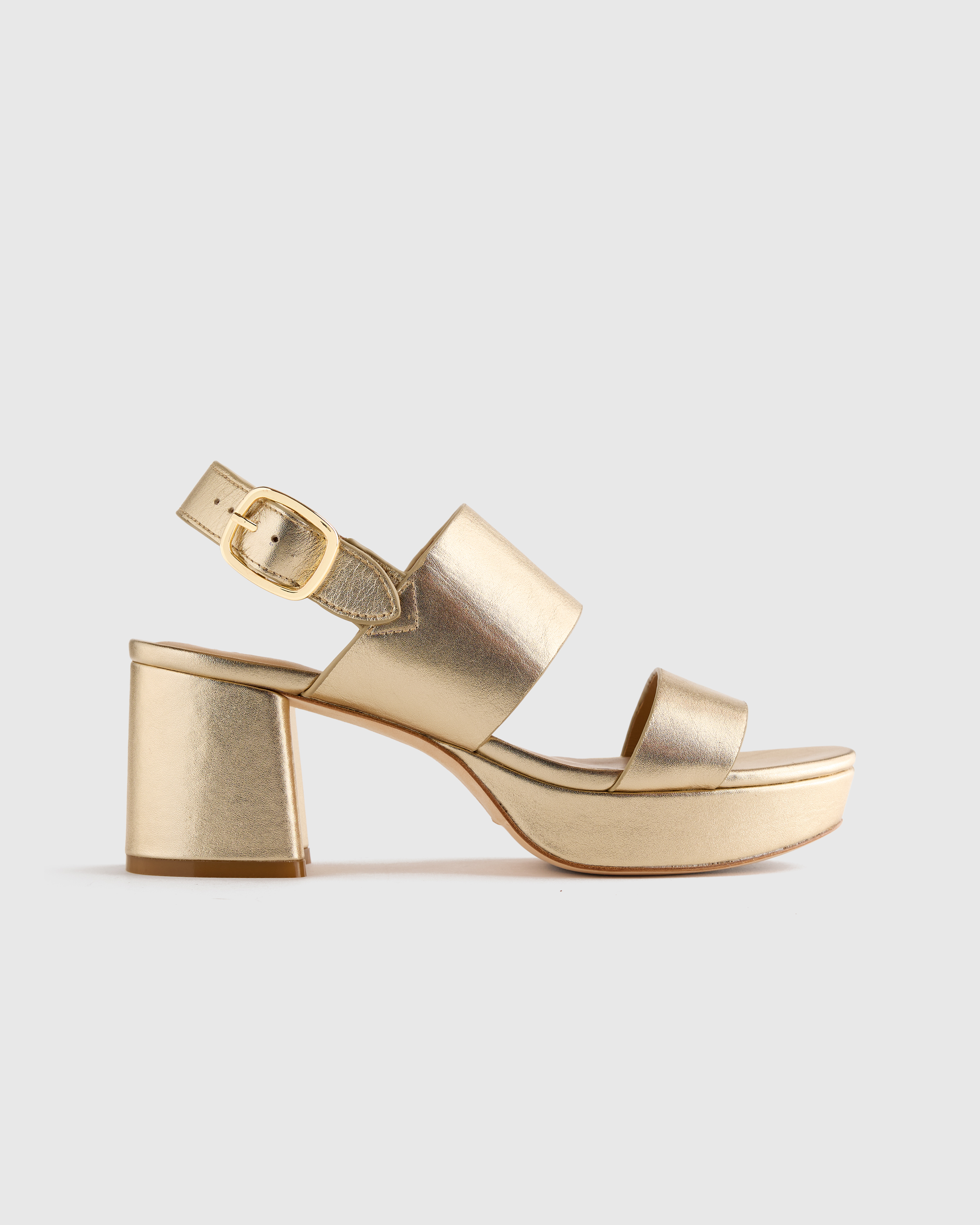 Gold Italian Leather Double Band Block Heel Sandal