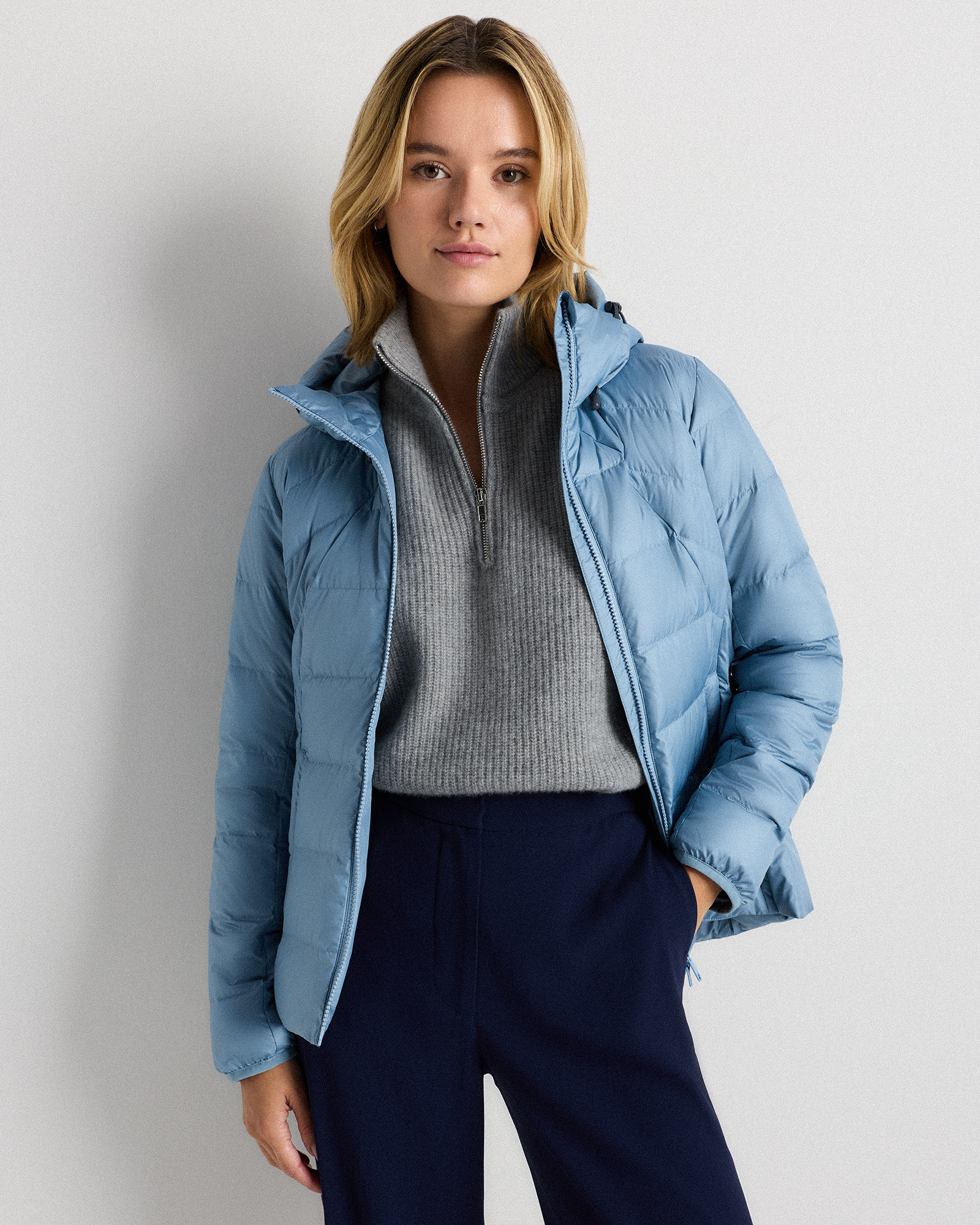 Quince Women's Lightweight Down Packable Puffer Hooded Jacket In Blue