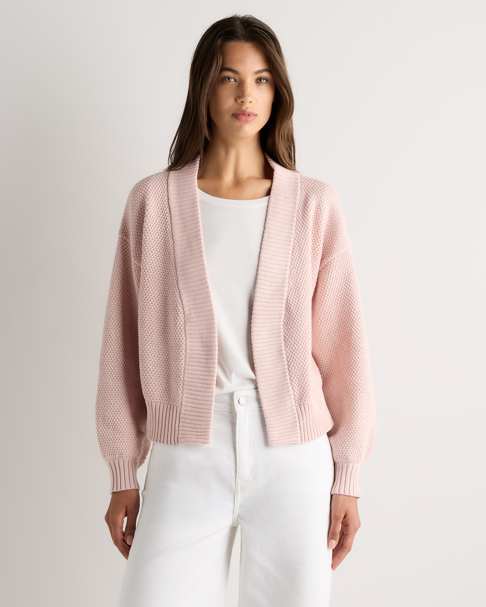 Shell Pink 100% Organic Cotton Waffle Stitch Open Cardigan