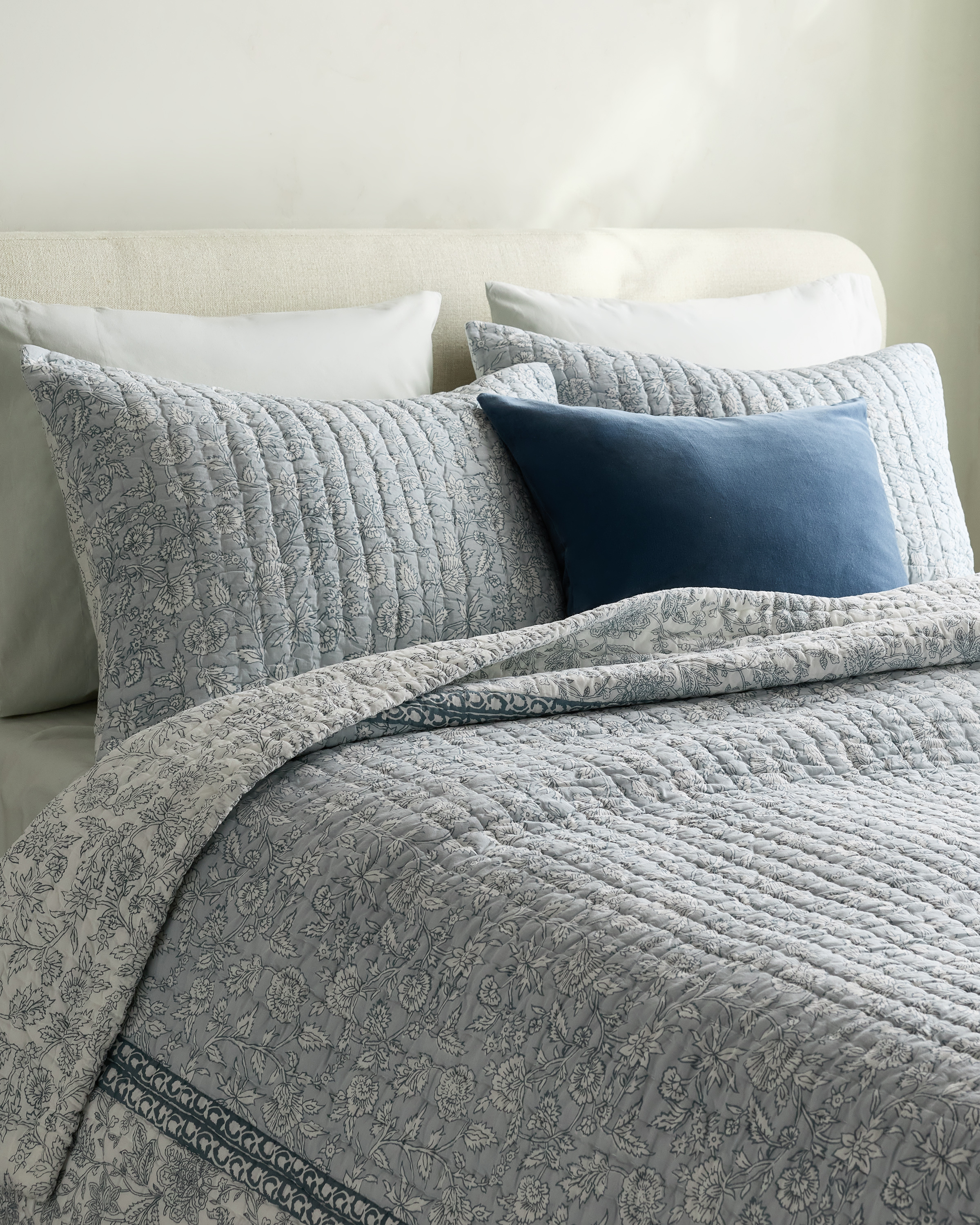 Blue Organic Cotton Block Print Quilted Sham Set