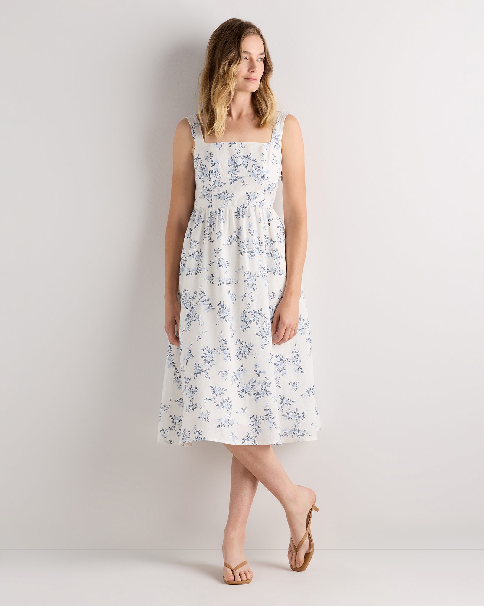 Ivory Porcelain Blue Petite Floral 100% European Linen Fit & Flare Midi Dress