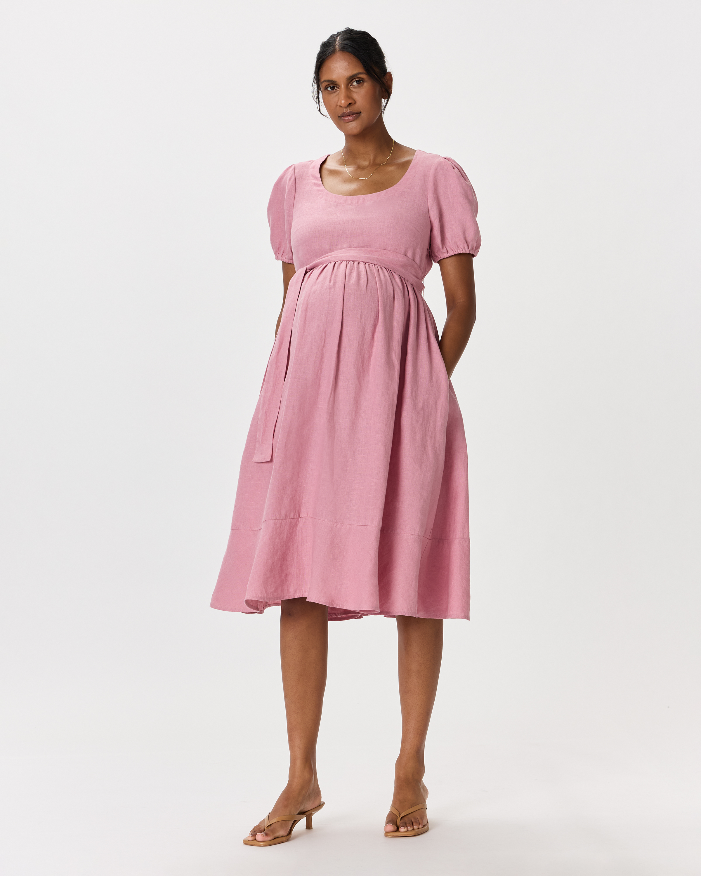Mauve Mist 100% European Linen Maternity Short Sleeve Midi Dress 