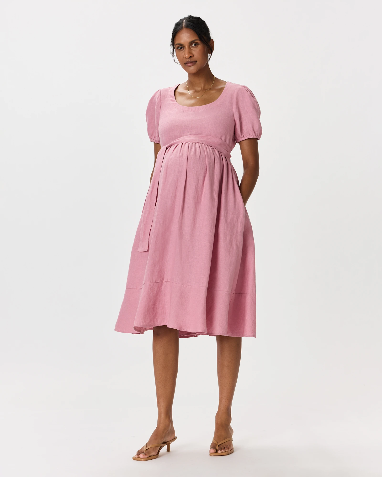 100% European Linen Maternity Short Sleeve Midi Dress in Mauve Mist, Size S