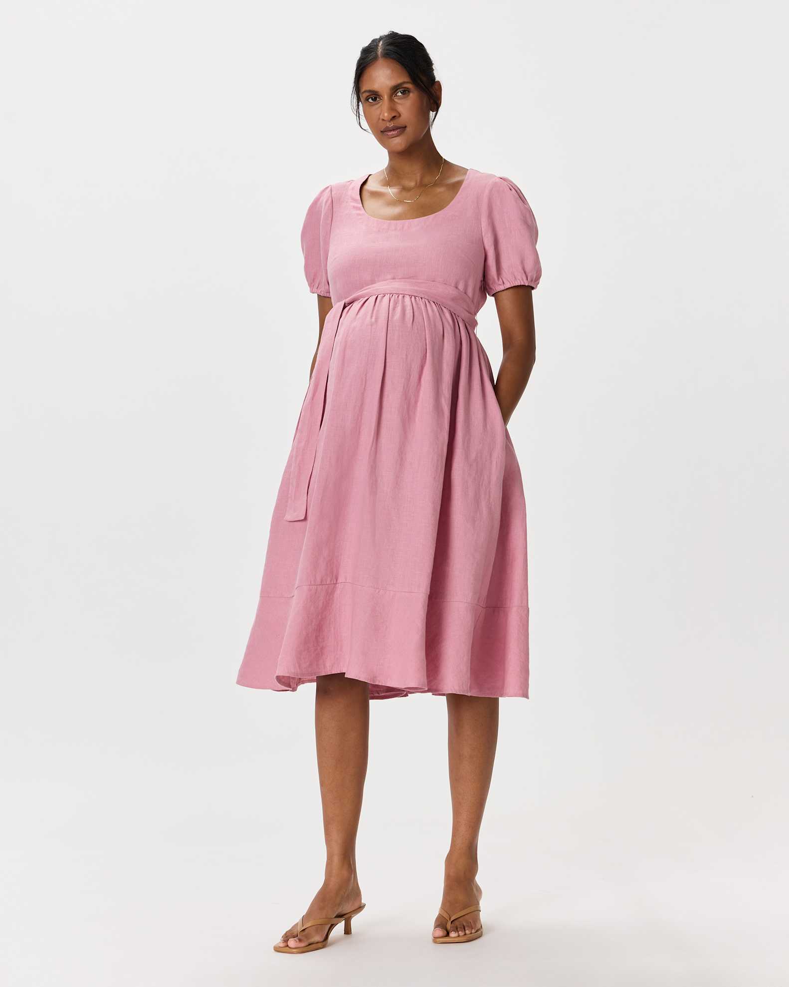 100% European Linen Maternity Short Sleeve Midi Dress