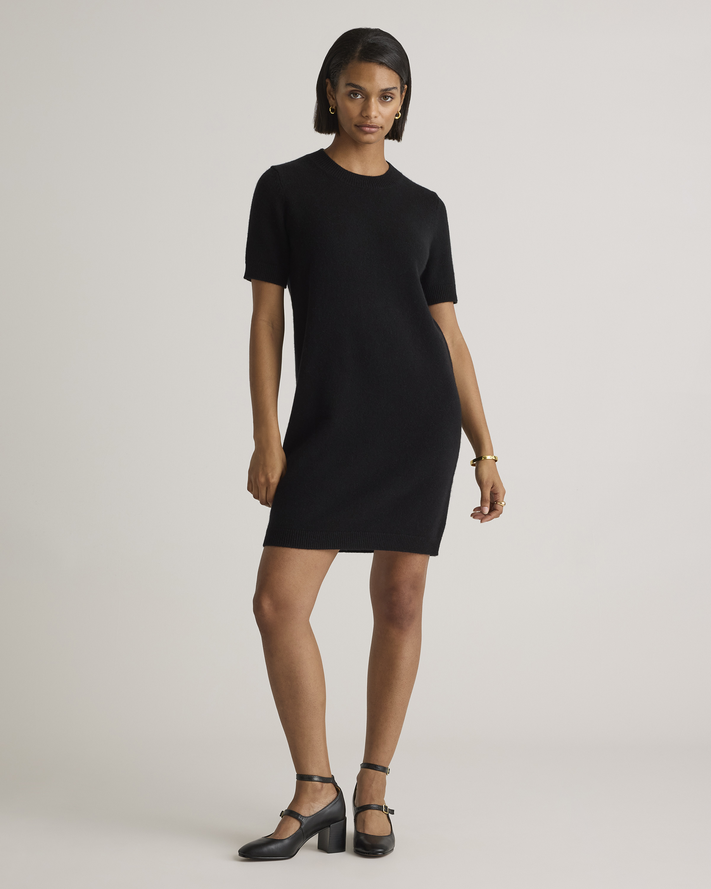 Quince Women's Mongolian Cashmere Short Sleeve Mini Dress In Black