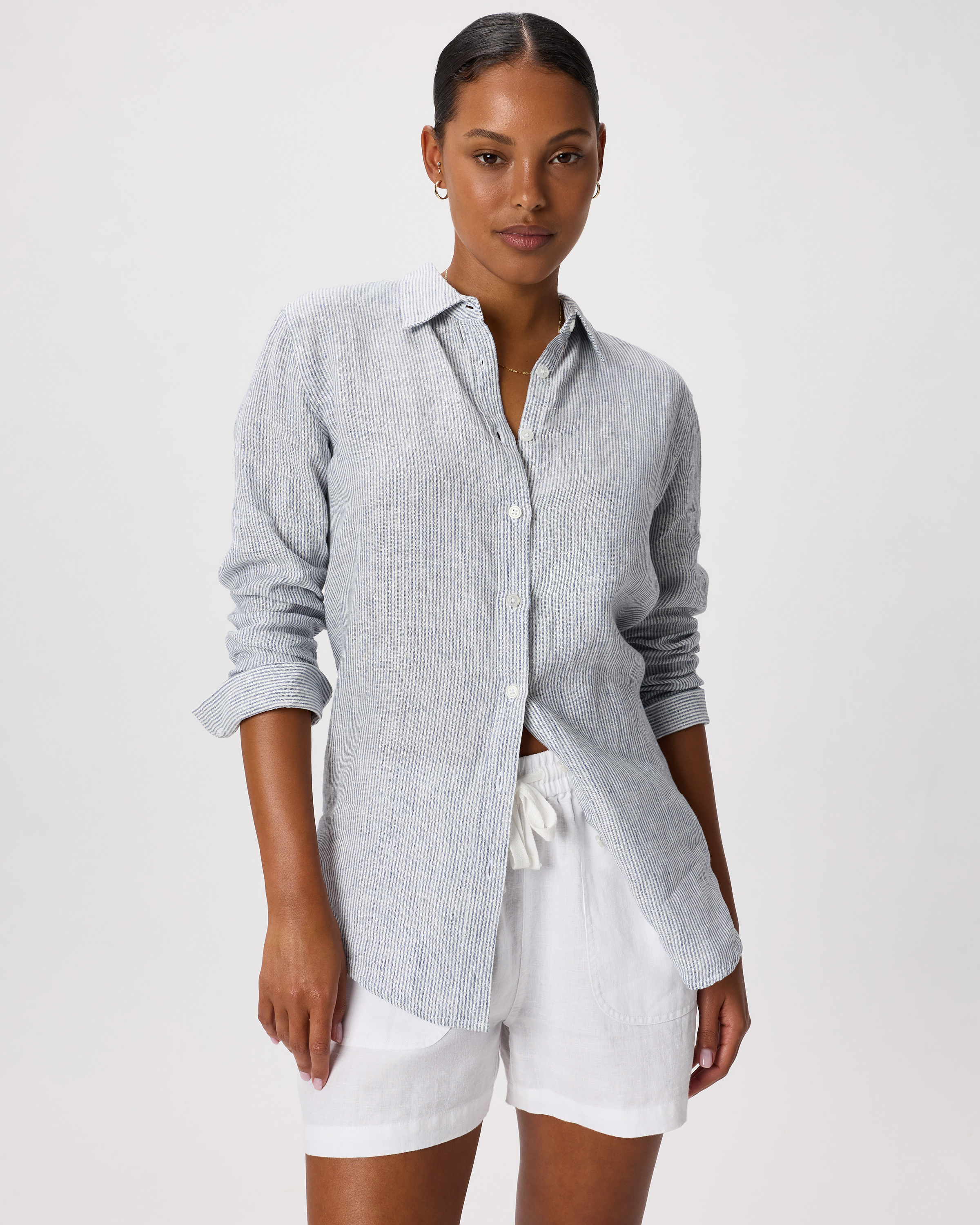 100% European Linen Long Sleeve Shirt in Blue Pinstripe