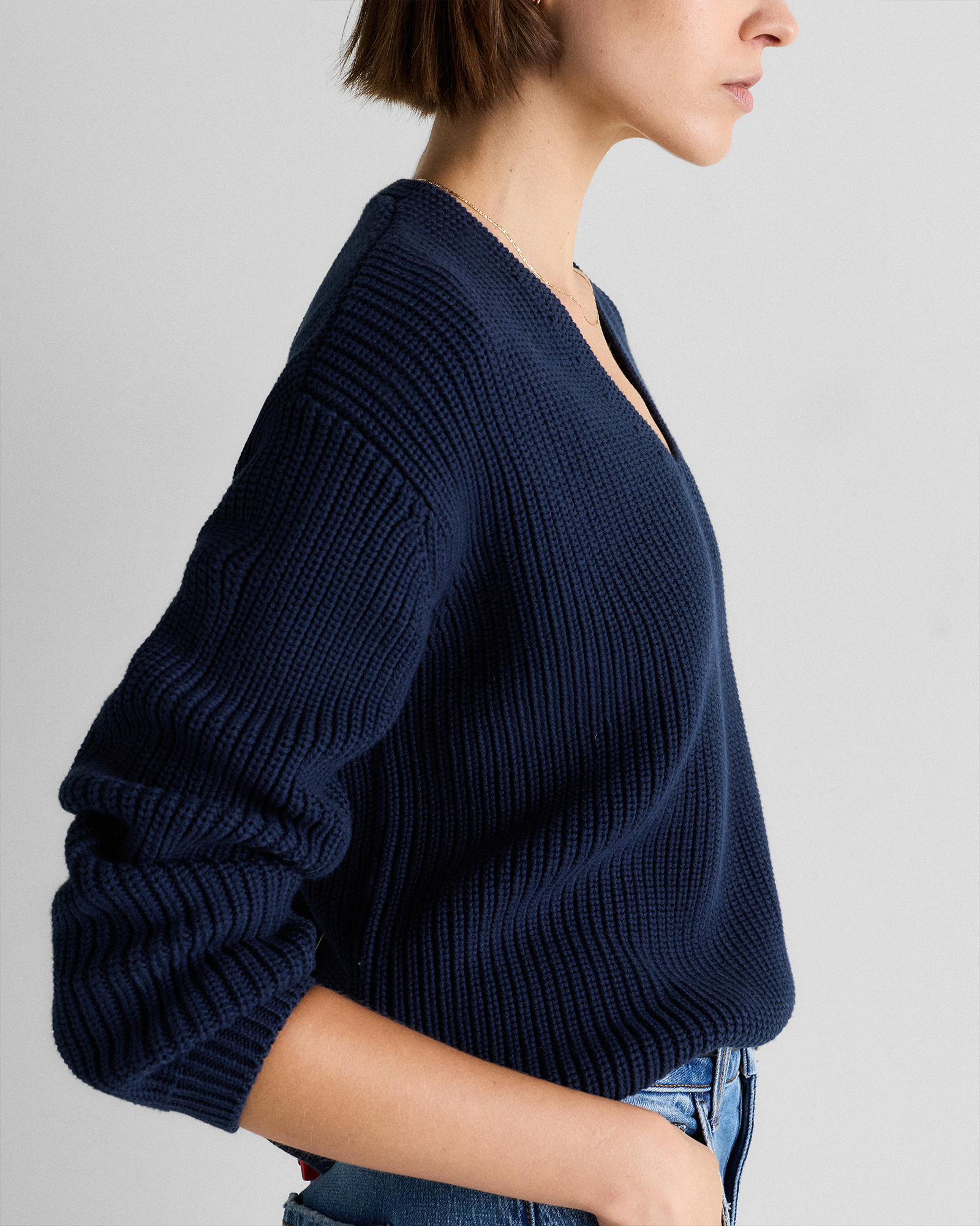 100% Organic Cotton Fisherman V-Neck Sweater in Navy