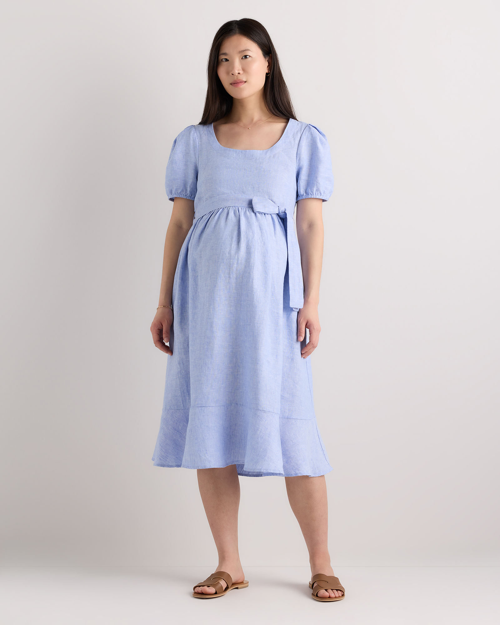 French Blue 100% European Linen Maternity Short Sleeve Midi Dress 