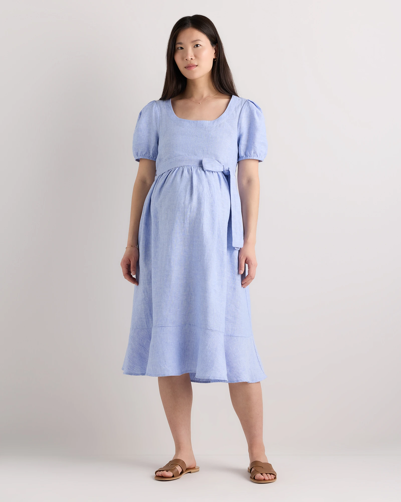 100% European Linen Maternity Short Sleeve Midi Dress
