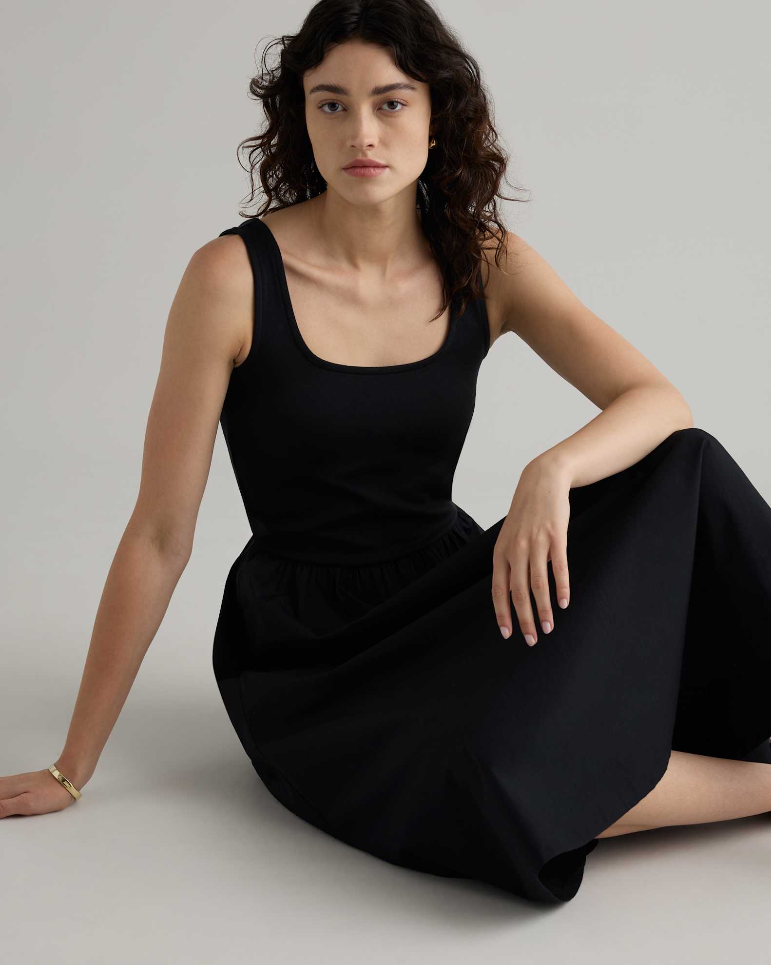 Women's Cotton Mixed Media Tank Top Dress in Black, Size Large, Cotton/Modal by Quince Women's Cotton Mixed Media Tank Top Dress in Black, Size Large, Cotton/Modal by Quince