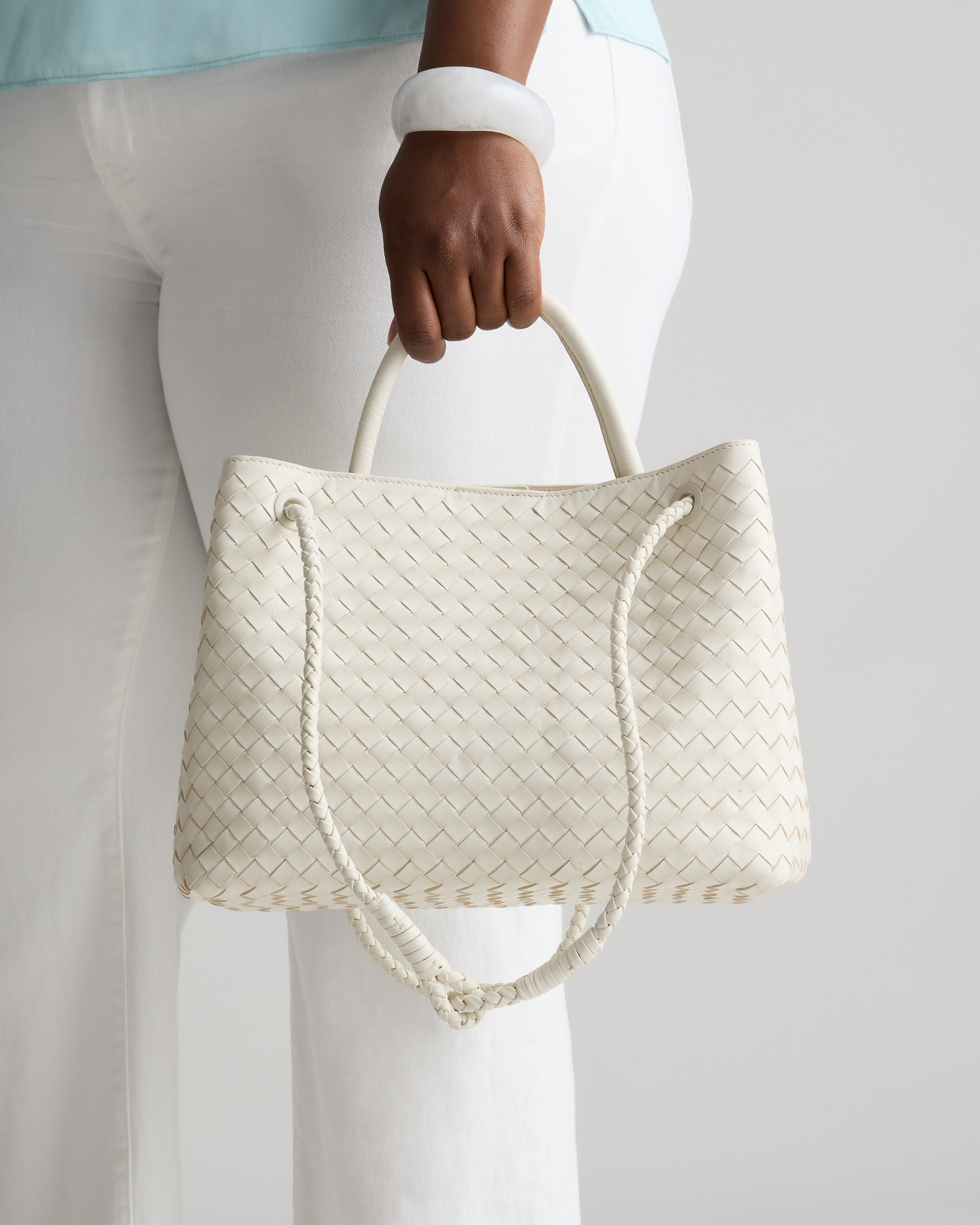 Italian Leather Handwoven Satchel in Bone