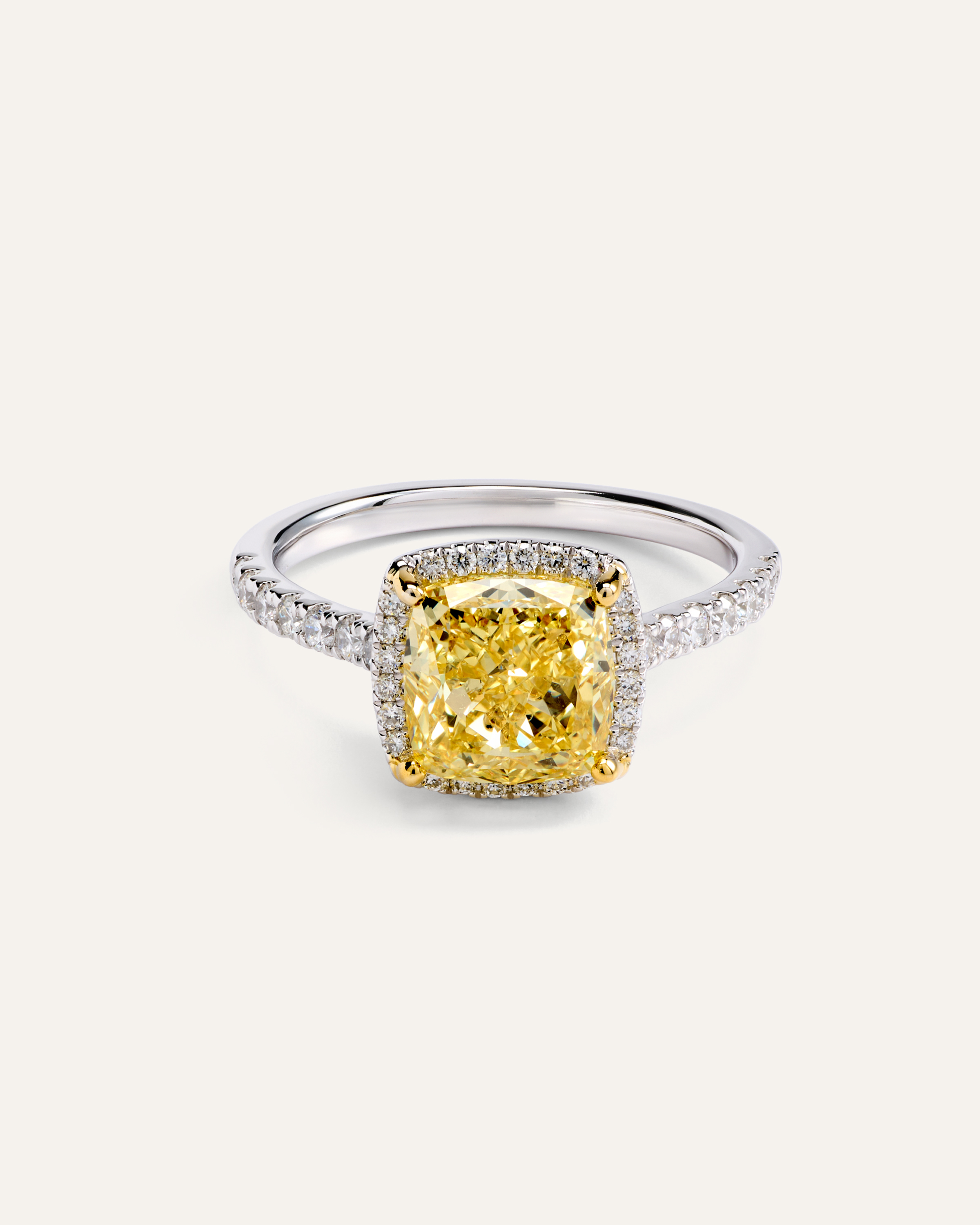 No Color 14K Gold Yellow Lab Grown Diamond Cushion Halo Engagement Ring - 3ct