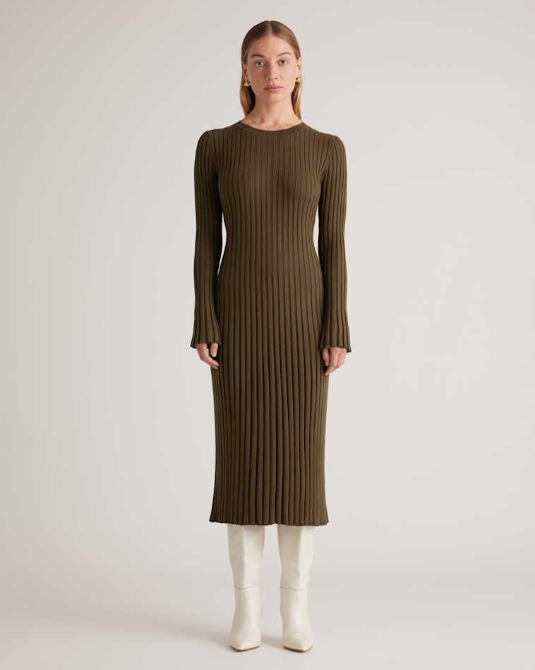 Quince Women's Ribbed Long Sleeve V-Neck Midi Dress, Cotton Cashmere Blend in Olive, Size Large Quince Women's Ribbed Long Sleeve V-Neck Midi Dress, Cotton Cashmere Blend in Olive, Size Large