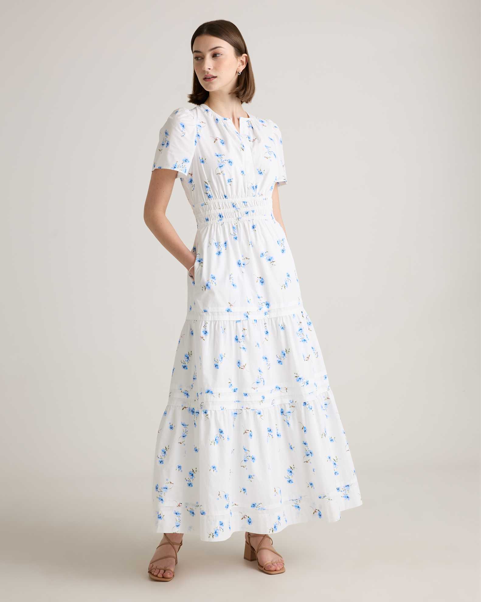 Quince Women's Poplin Tiered Maxi Dress, Romantic Stems Design, Size XL, 100% Organic Cotton, V-Neck, Short Sleeves, Pocketed Quince Women's Poplin Tiered Maxi Dress, Romantic Stems Design, Size XL, 100% Organic Cotton, V-Neck, Short Sleeves, Pocketed