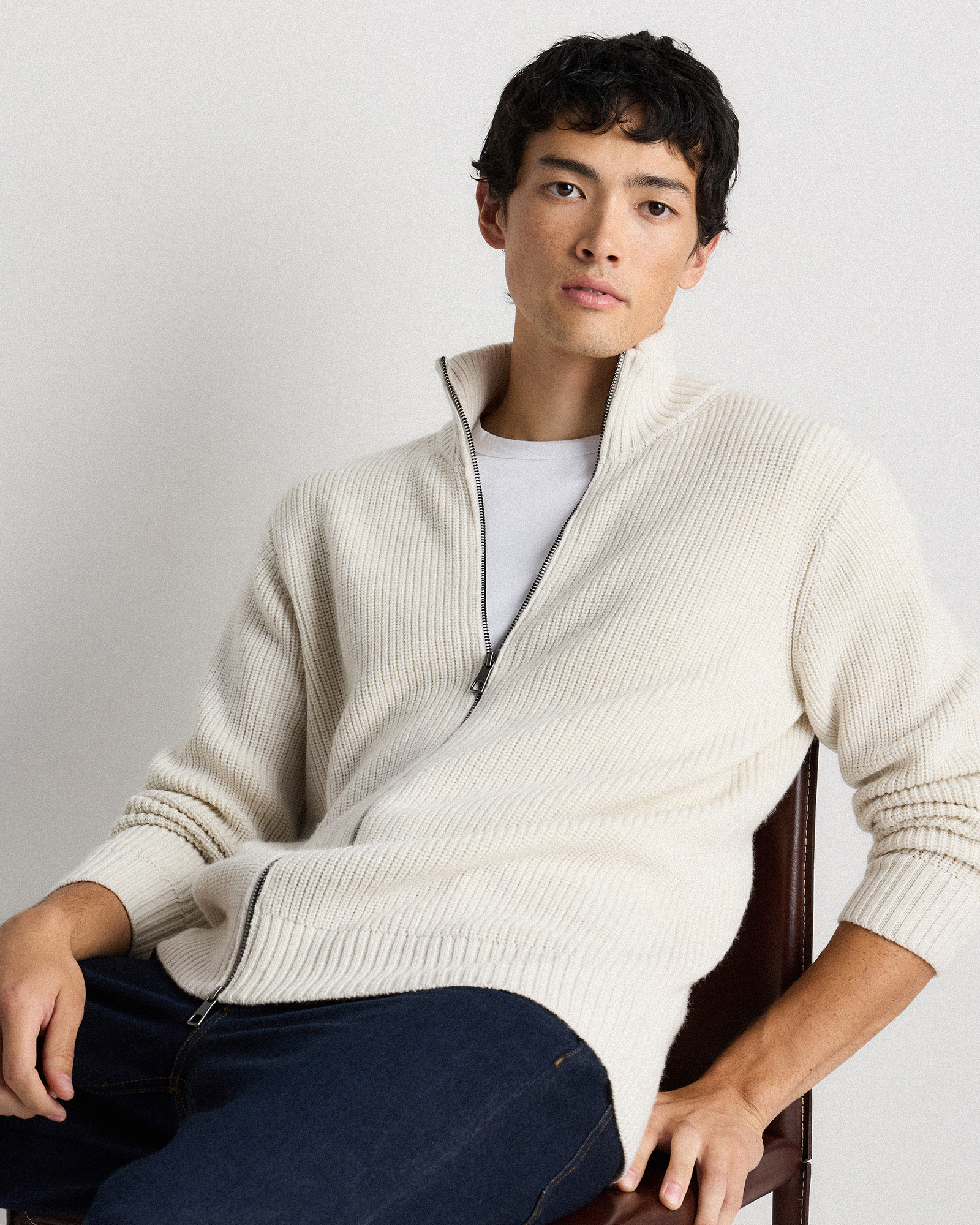Australian Merino Wool Full Zip Sweater in Heather Bone