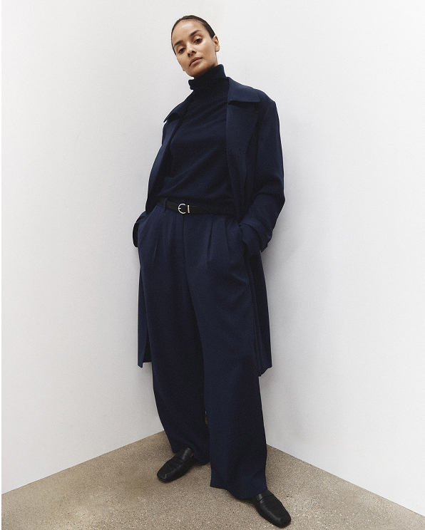 Navy Stretch Crepe Pleated Wide Leg Pants