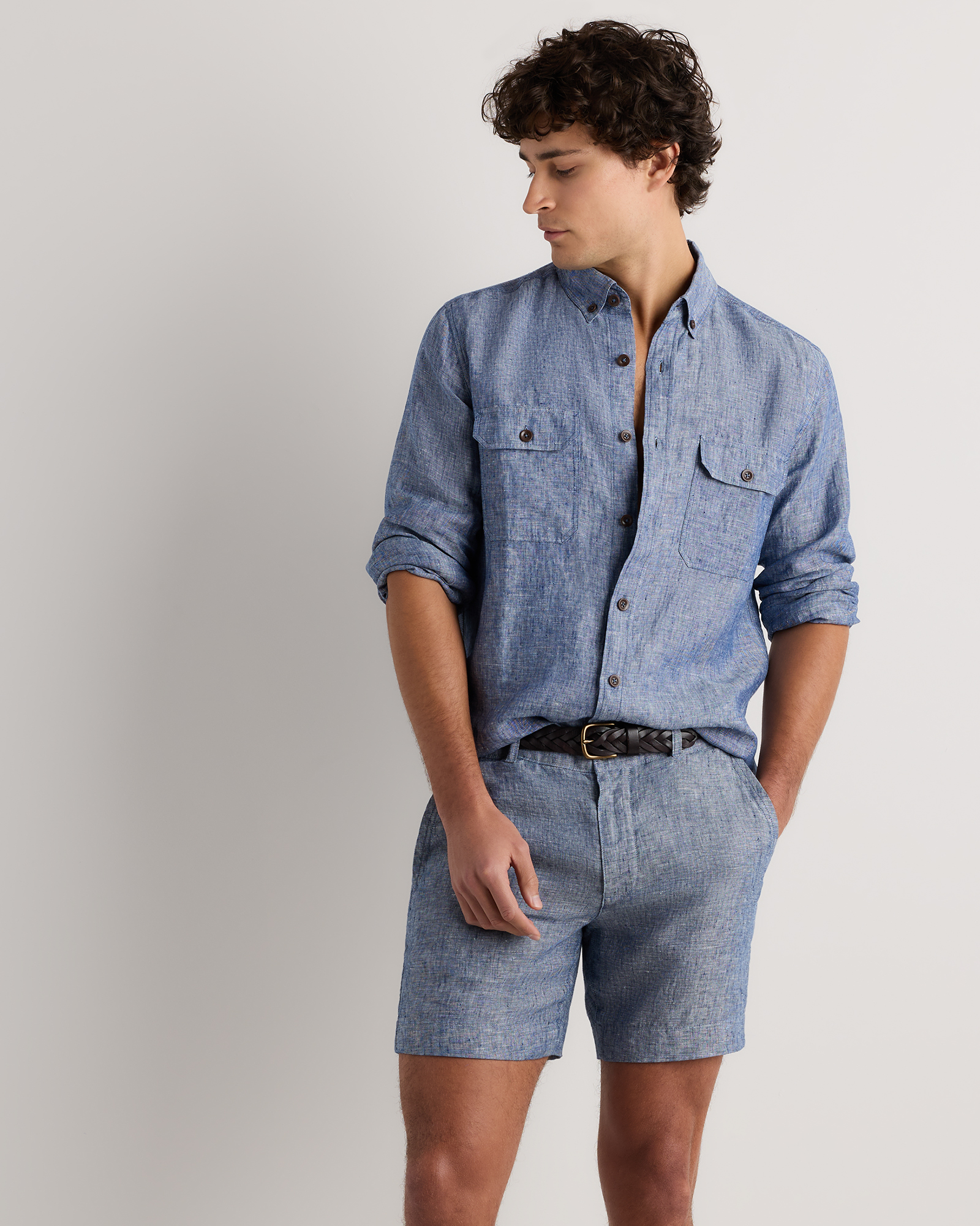 Chambray Blue 100% European Linen Trouser Shorts - 7"