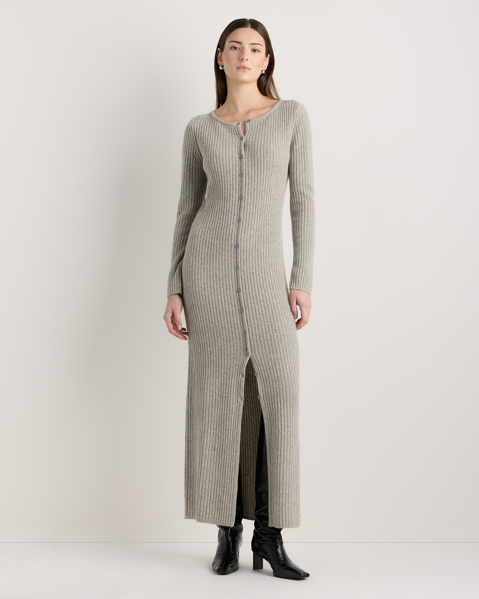 Warm Heather Grey 100% Yak Wool Ribbed Cardigan Sweater Dress