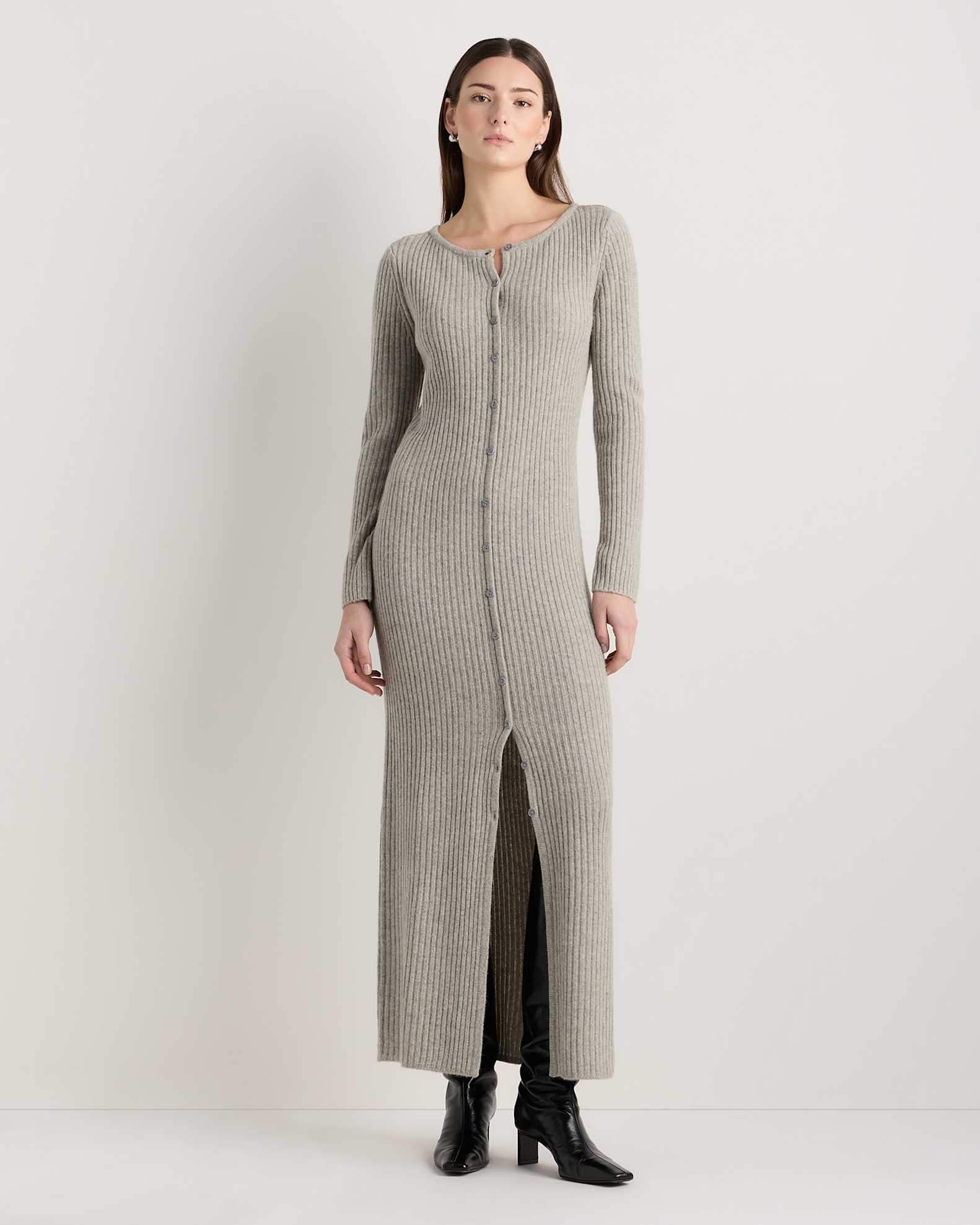 Women's 100% Yak Wool Ribbed Cardigan Sweater Dress in Warm Heather Grey, Size XL by Quince Women's 100% Yak Wool Ribbed Cardigan Sweater Dress in Warm Heather Grey, Size XL by Quince