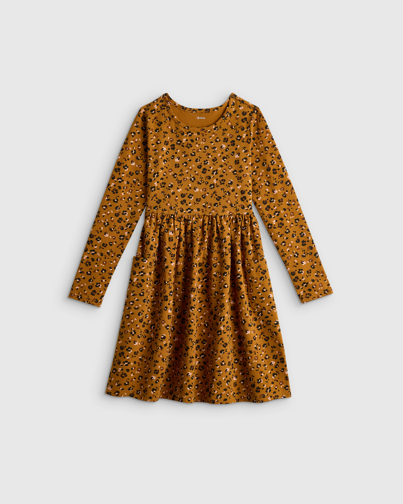 Caramel Confetti Floral Organic Cotton Long Sleeve Fit and Flare Pocket Dress 