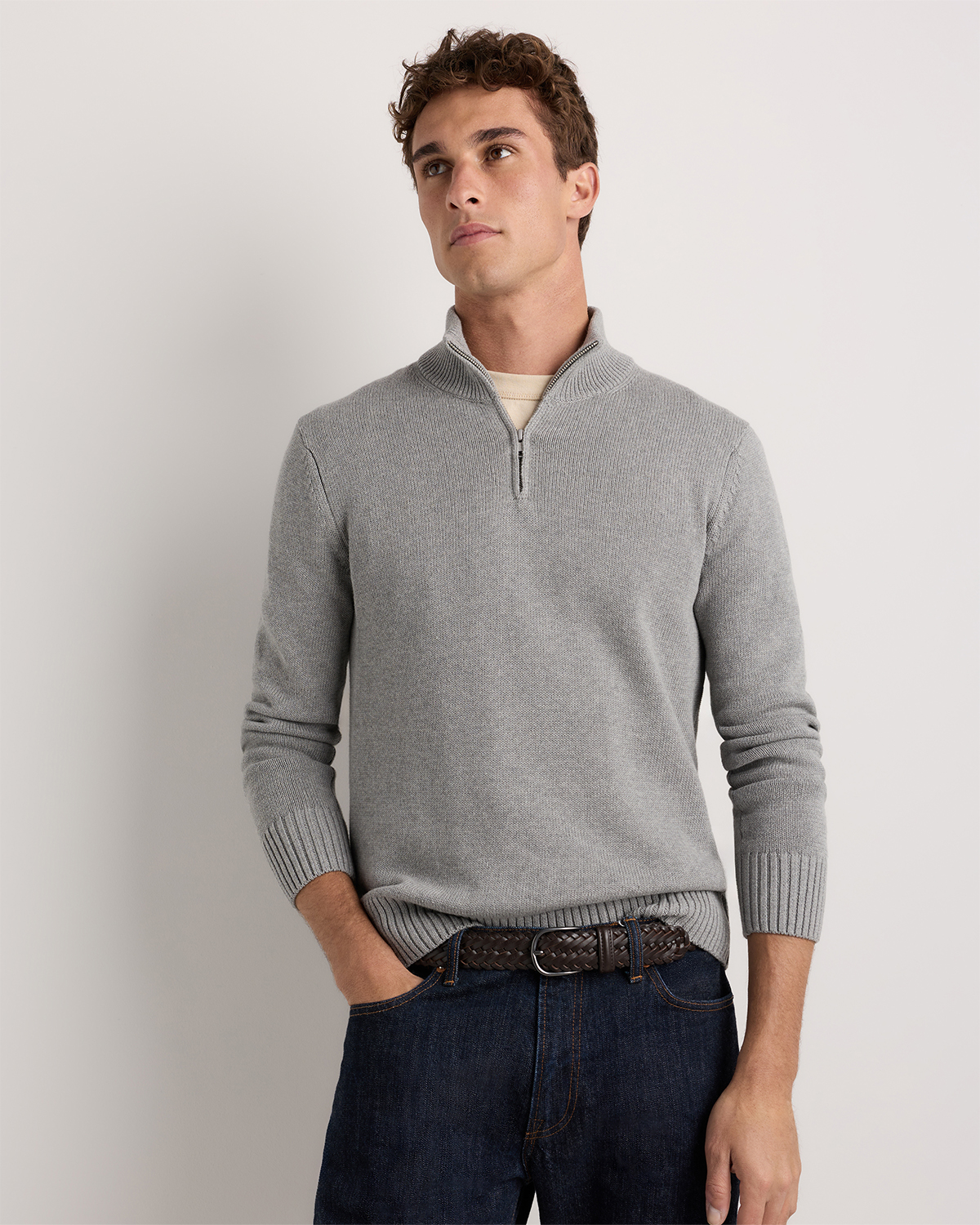 Mid Heather Grey 100% Organic Cotton Quarter-Zip Sweater