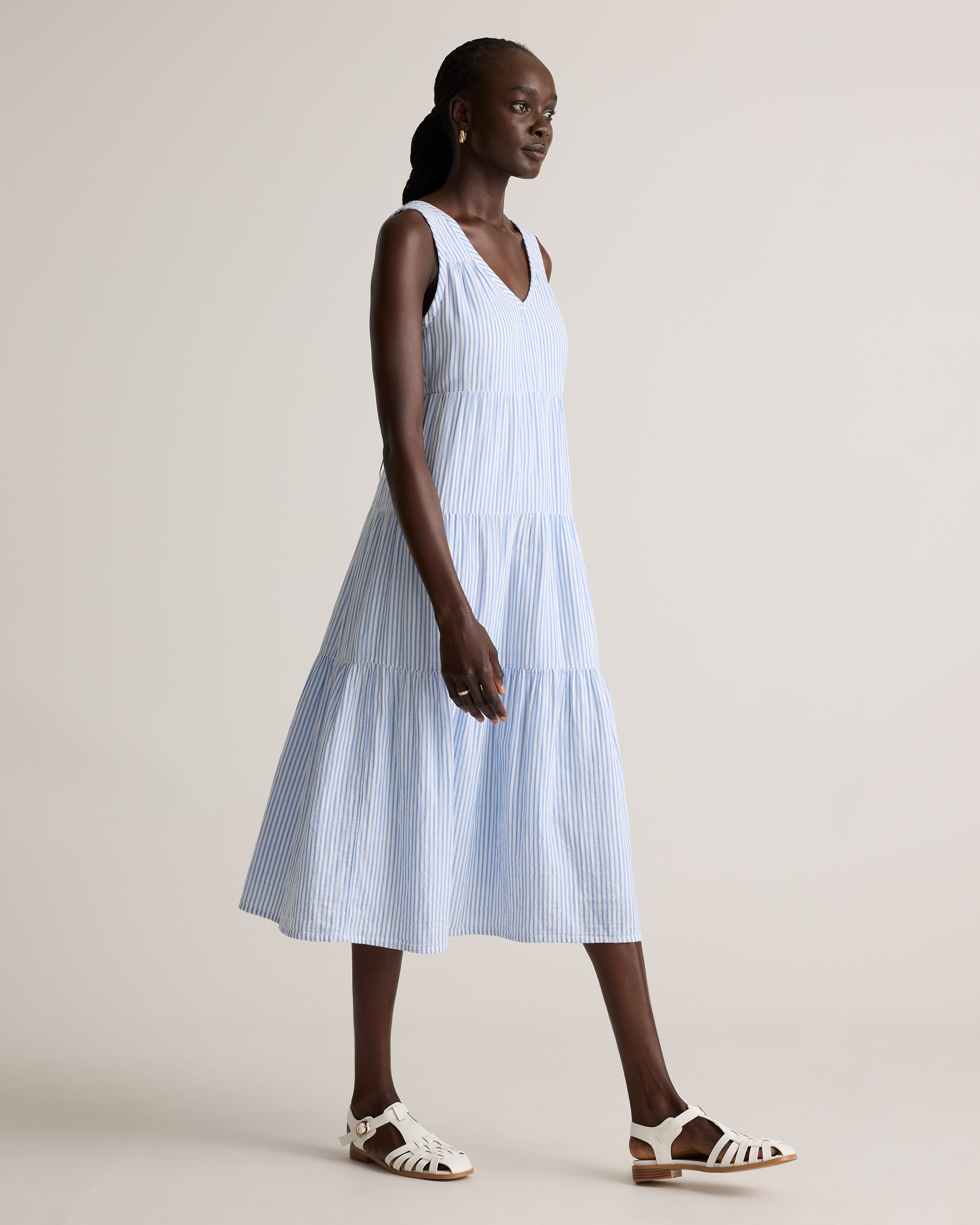 Women's Gauze Tiered Maxi Dress in Bayside Stripe Blue/White, Size XS, Organic Cotton by Quince