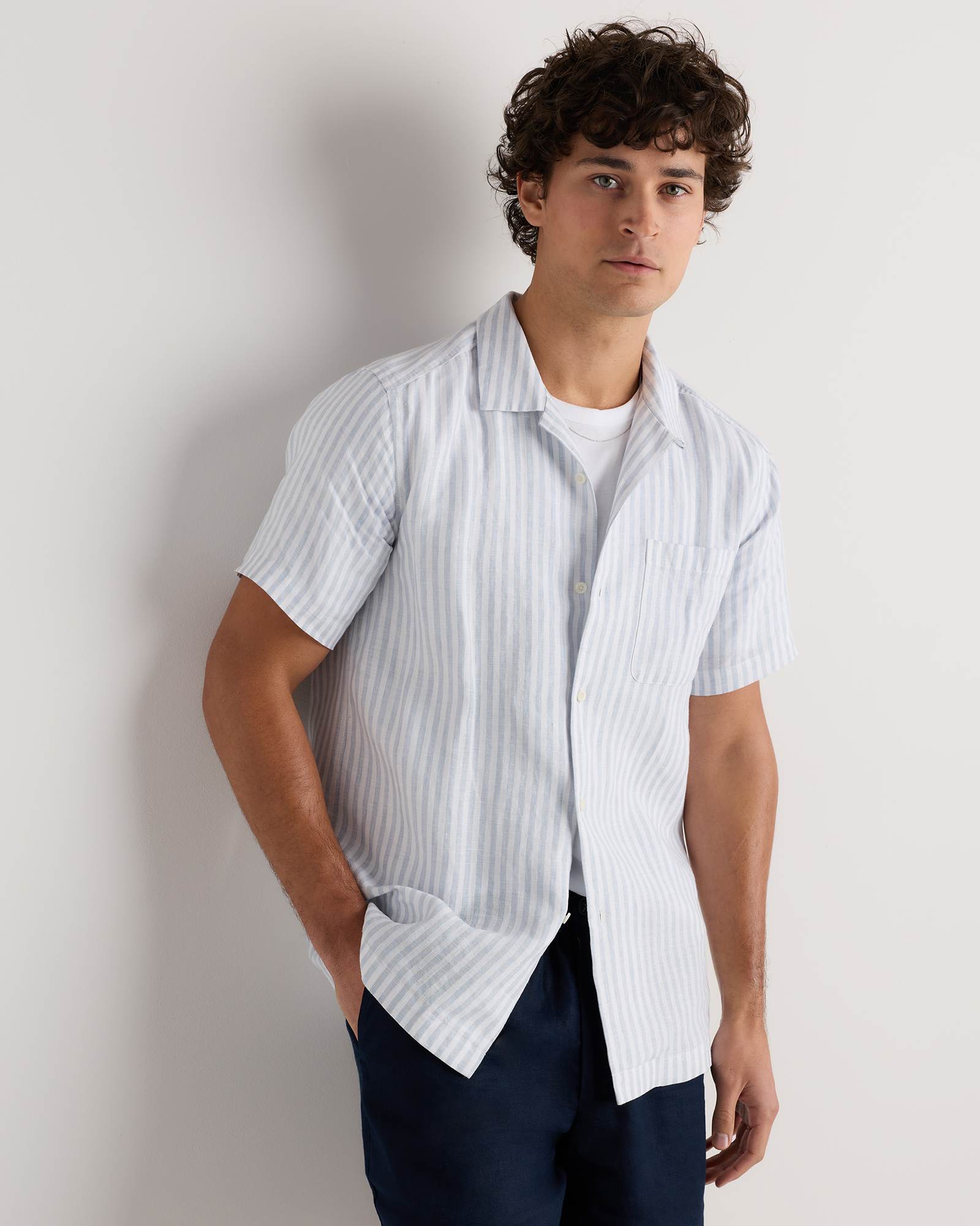 Sky Blue Mariner Stripe 100% European Linen Camp Shirt