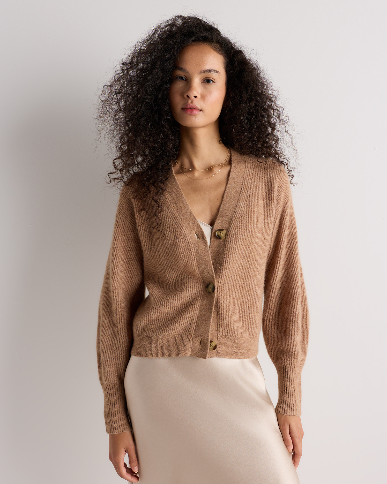 Dune Camel Lightweight Baby Alpaca Cropped V-Neck Cardigan