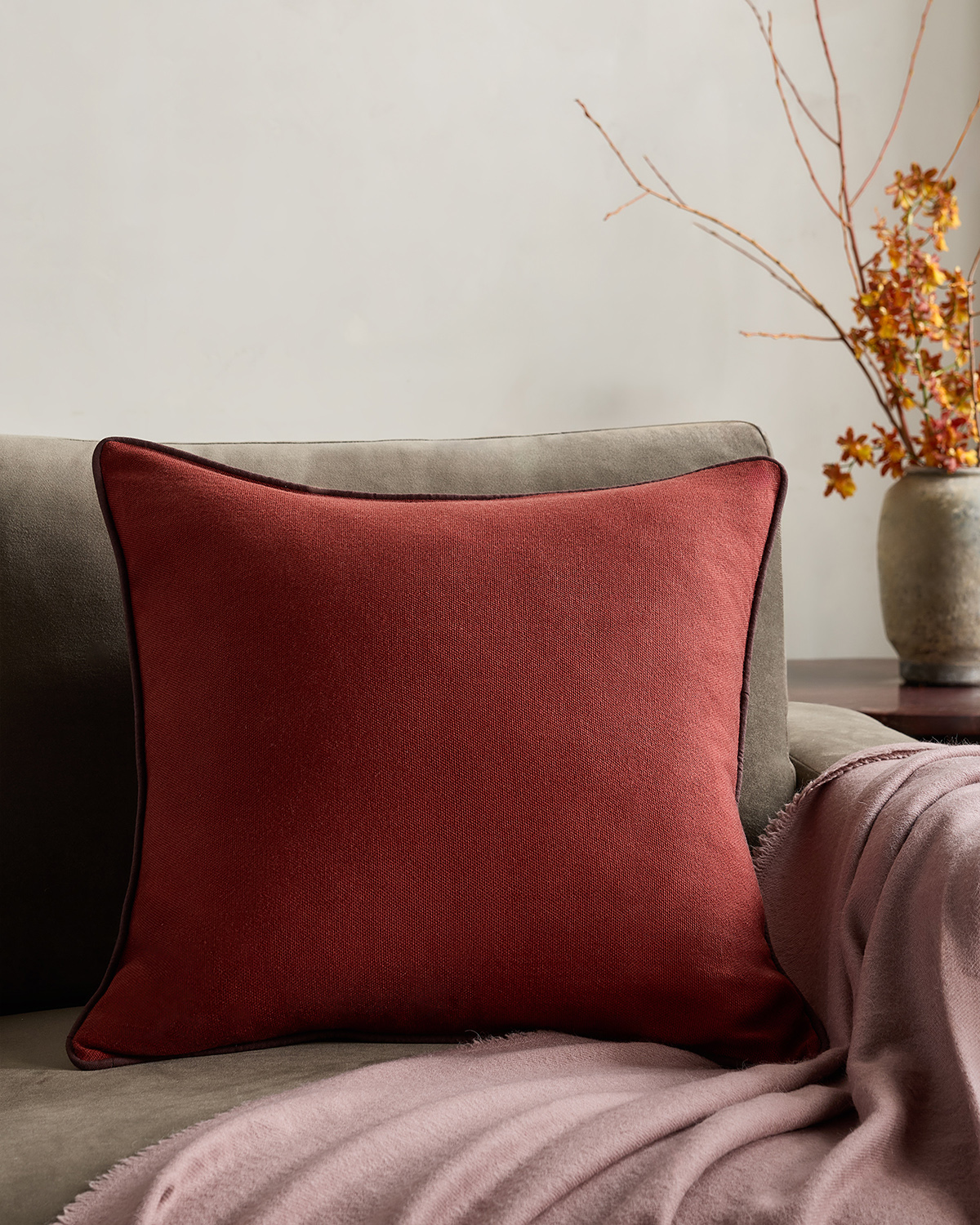Brick Red/Espresso Contrast Piped Wool Pillow Cover