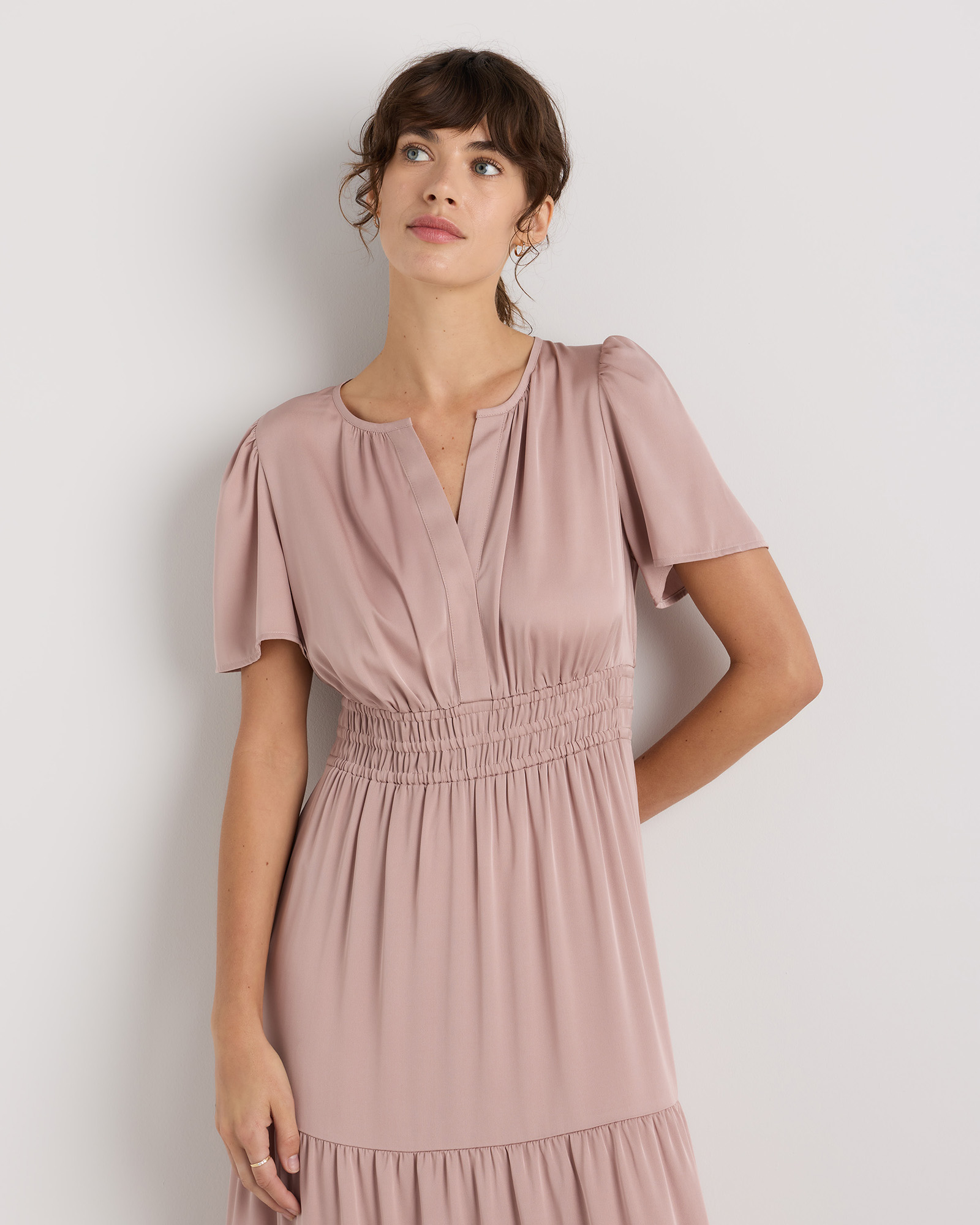 quince washable stretch silk tiered maxi dress Women's Washable Stretch Silk Tiered Maxi Dress in Vintage Pink, Size Small by Quince