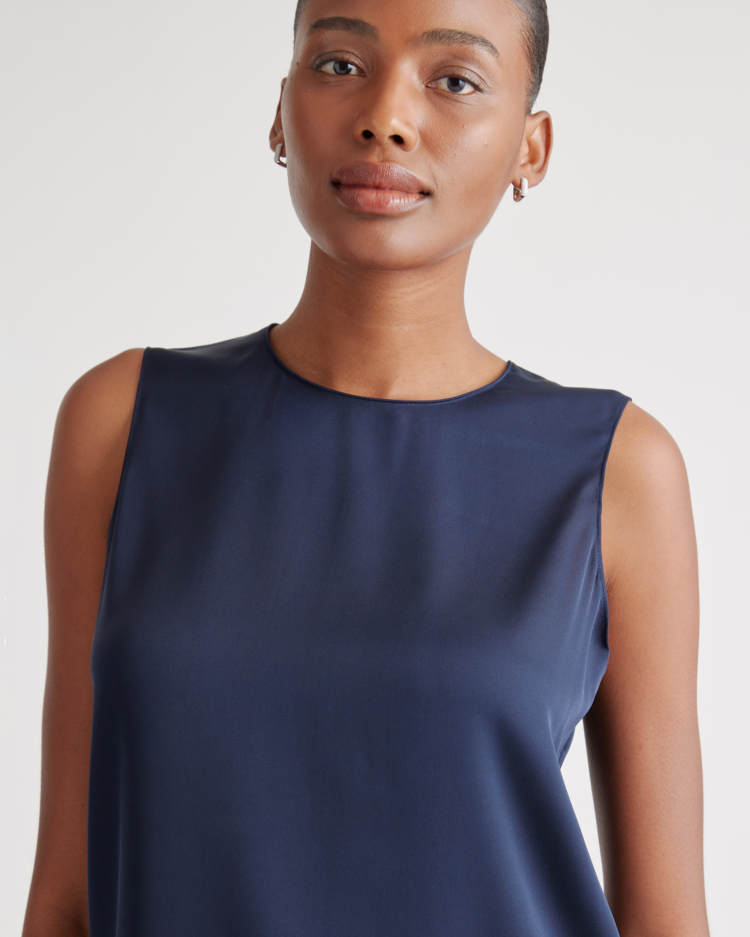 Washable Stretch Silk Shell Tank in Navy