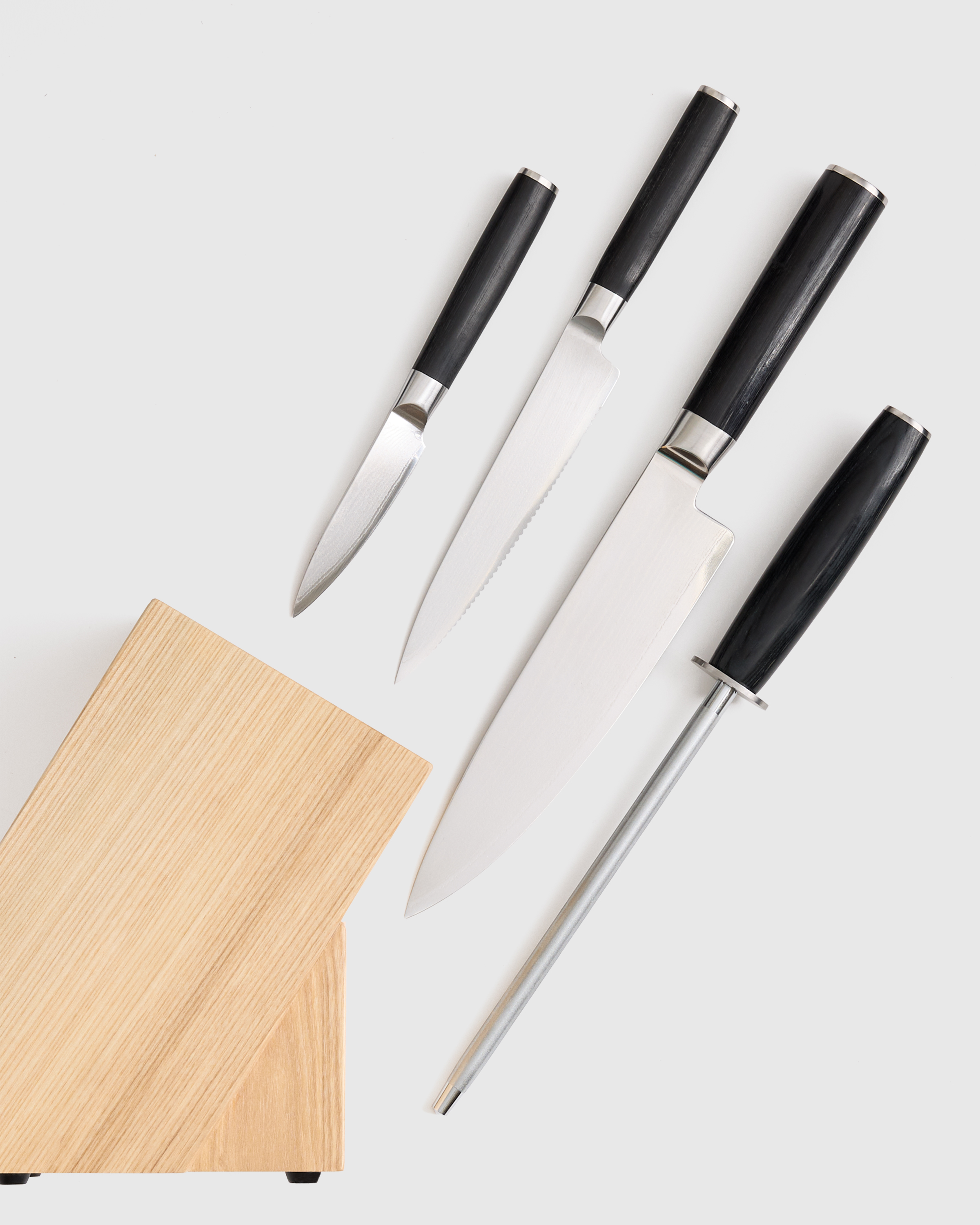 Essential Japanese Damascus Steel Knife Set + Block