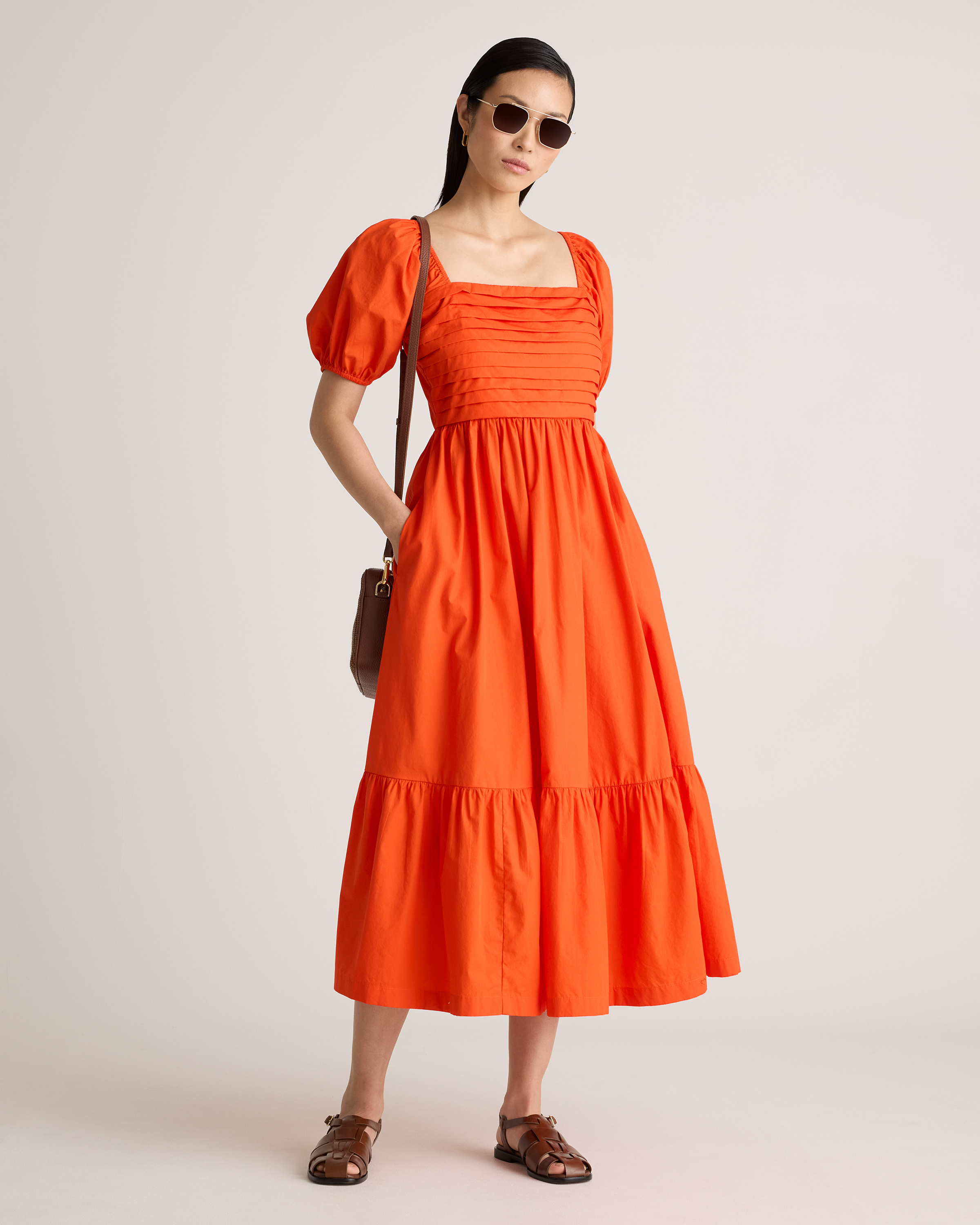 100% Organic Cotton Ruched Midi Dress in Vermilion Red
