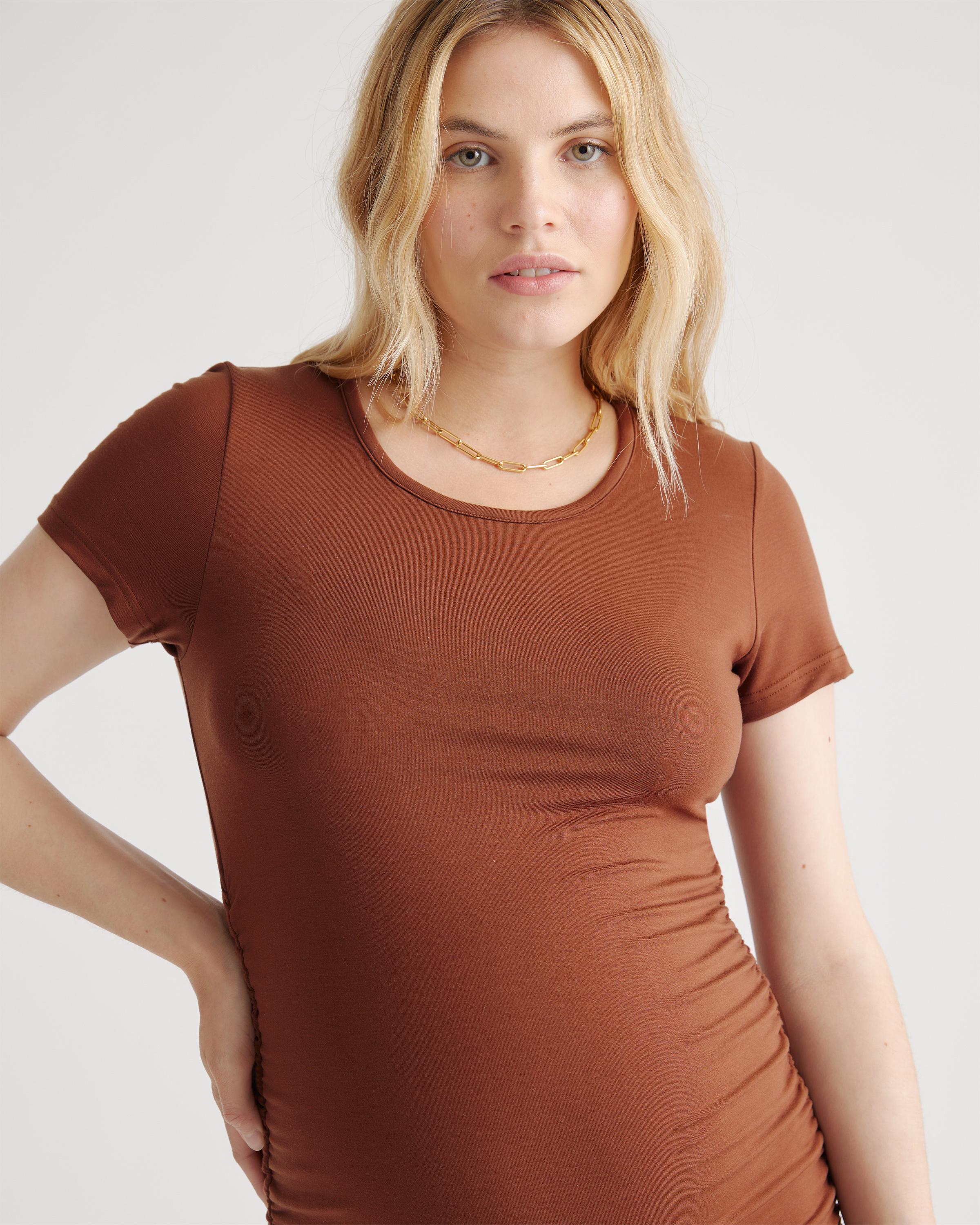 brown dress for pregnant women Brown Shimmer Mesh Long Sleeve Ruched Maternity Midi Dress – PinkBlush main image 0