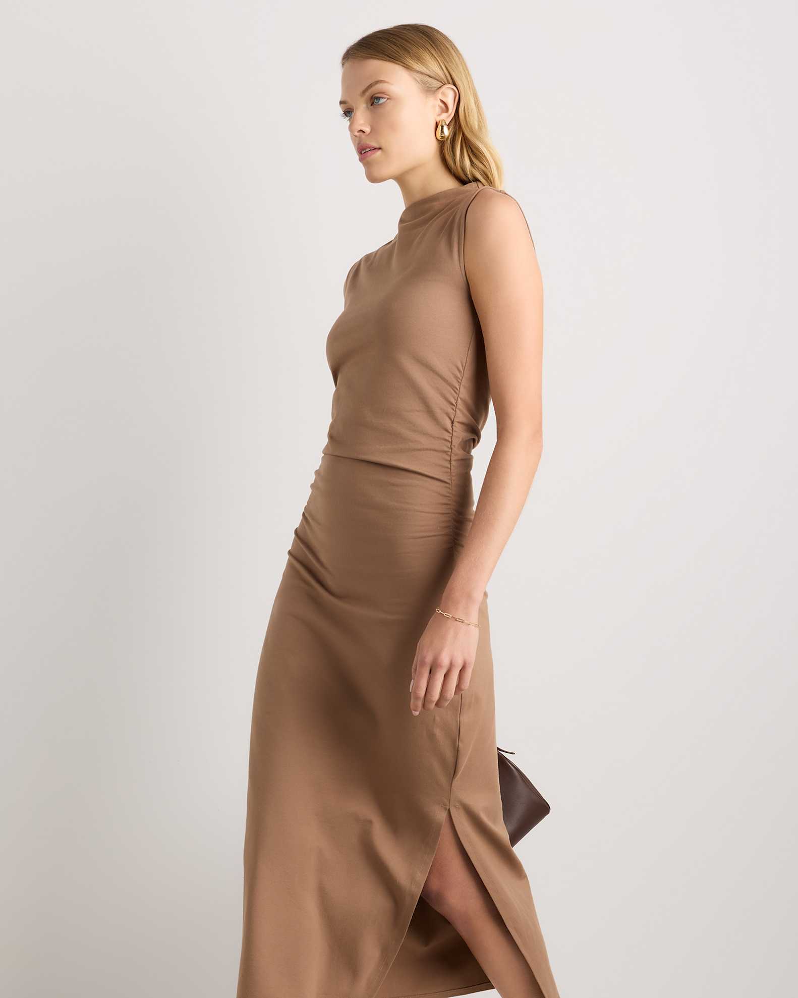 Stretch Cotton Jersey Mock Neck Midi Dress in Mocha Brown Stretch Cotton Jersey Mock Neck Midi Dress in Mocha Brown