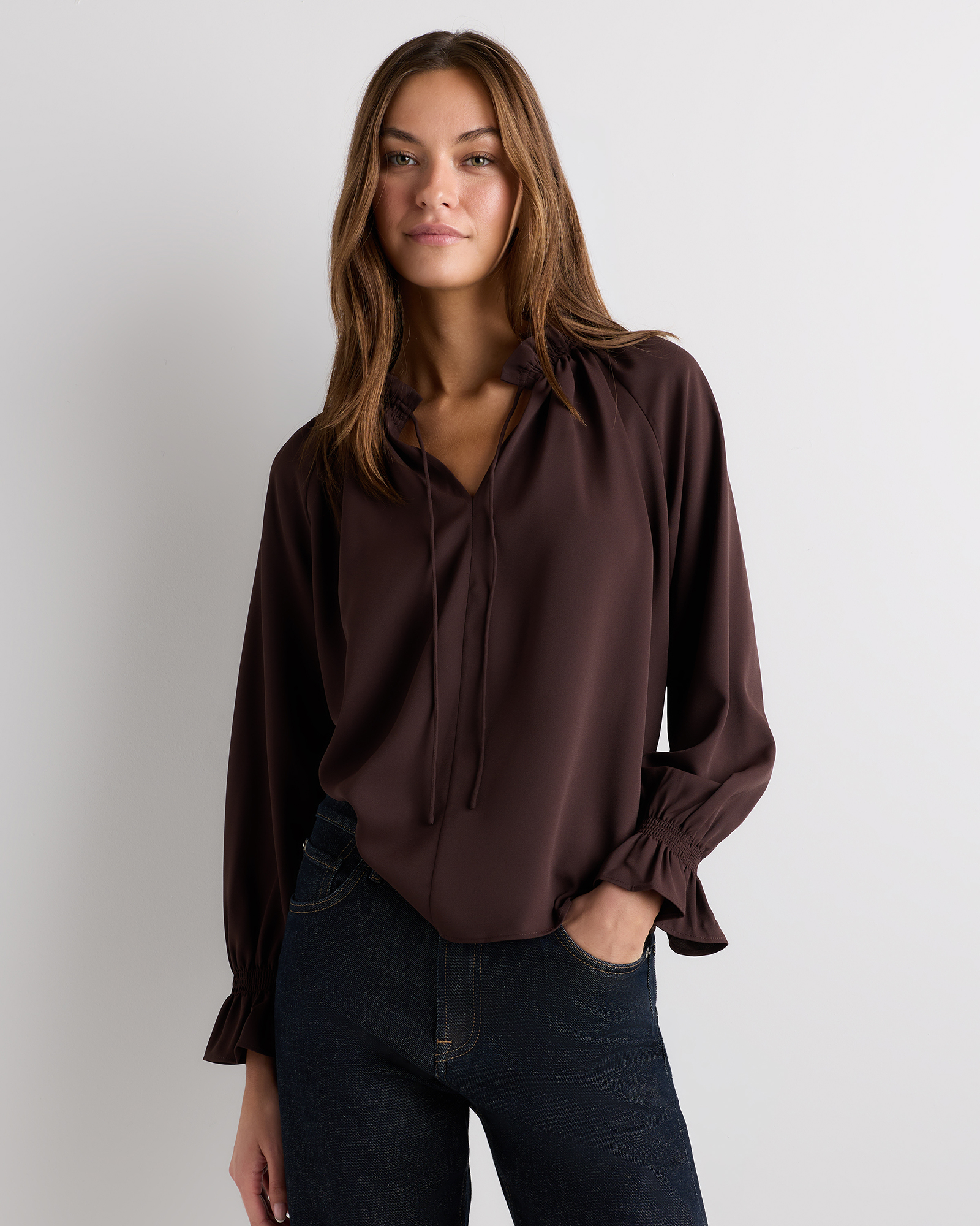 Drapey Chiffon Split Neck Long Sleeve Blouse in Chocolate Plum Brown