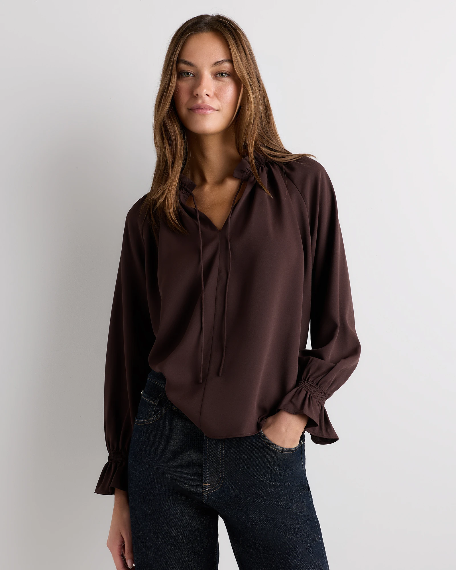 Drapey Chiffon Split Neck Long Sleeve Blouse