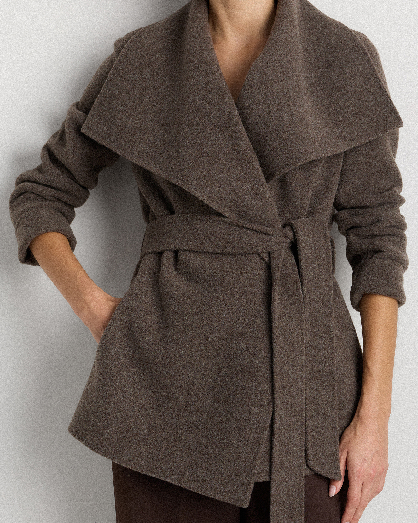 Double-Faced Merino Wool Draped Collar Short Wrap Coat