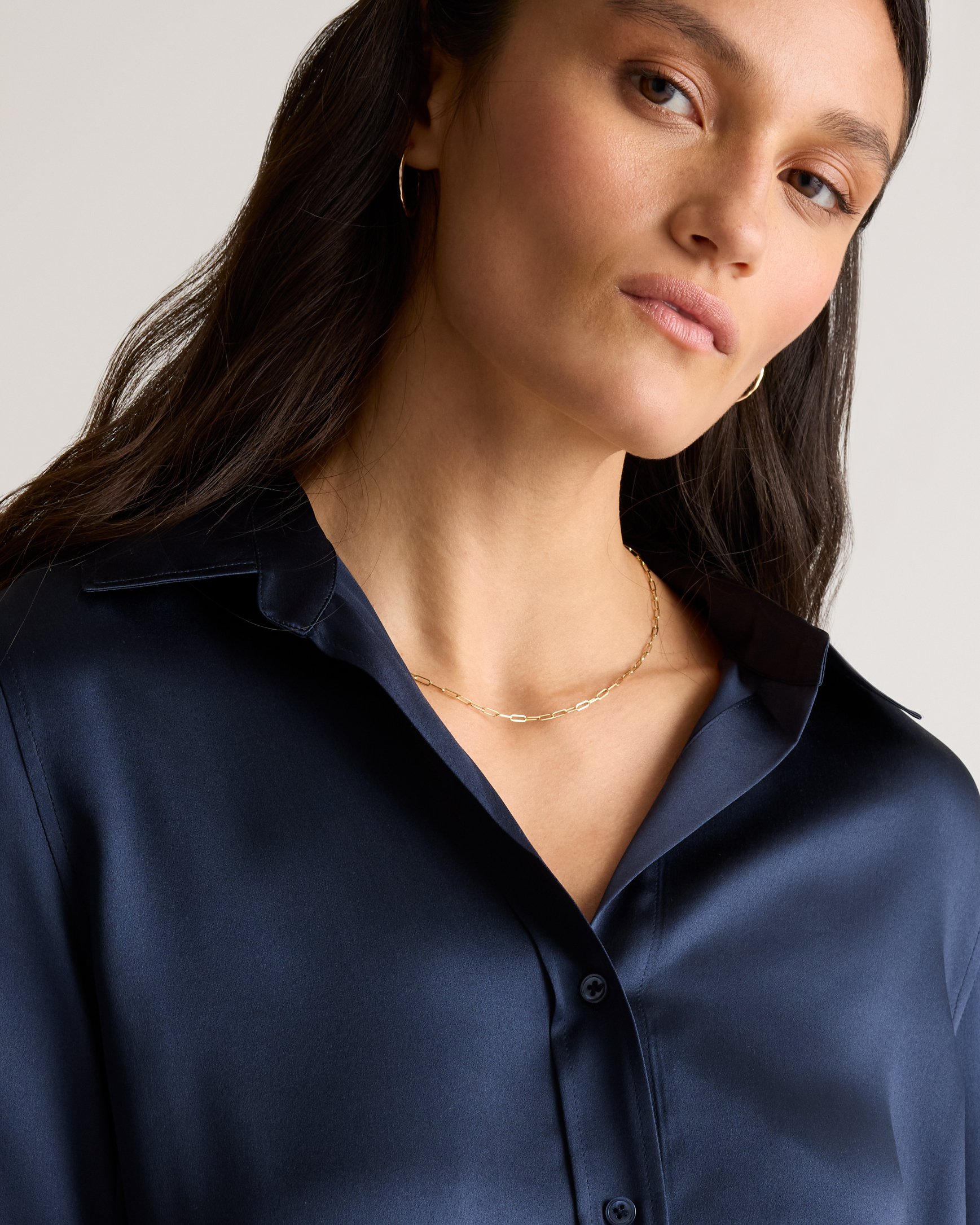 100% Washable Silk Three-Quarter Sleeve Shirt in Navy