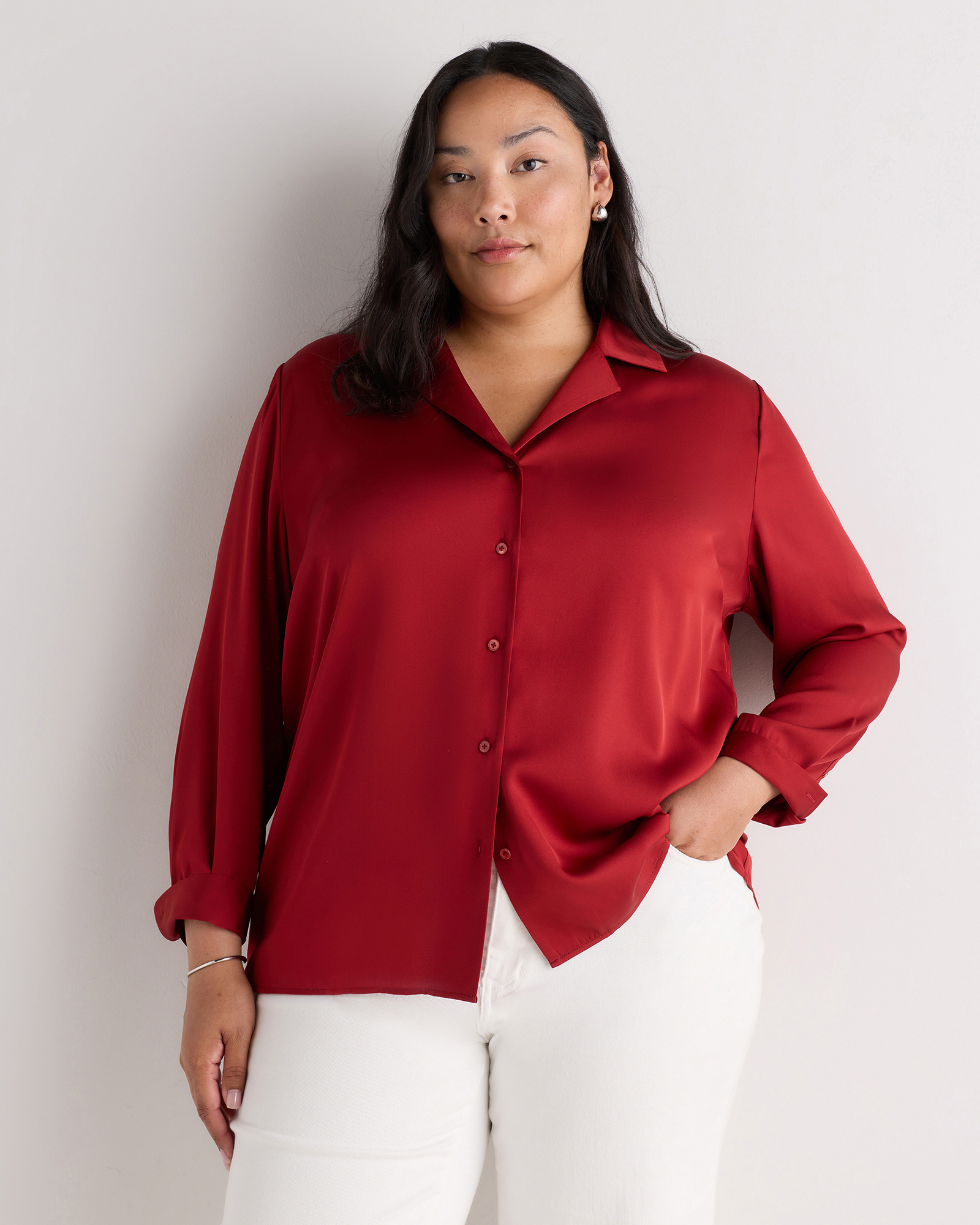 Clay Red Washable Stretch Silk Notch Collar Blouse