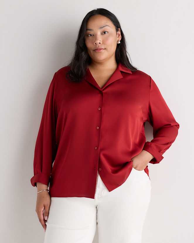 Clay Red Washable Stretch Silk Notch Collar Blouse