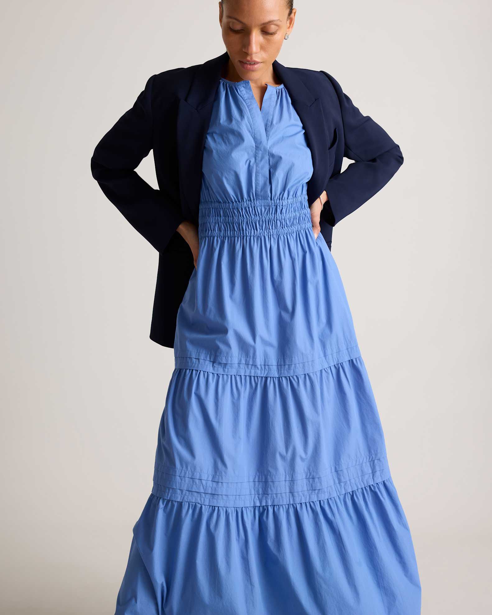 Quince Women's Poplin Tiered Maxi Dress, True Blue, Size XS - 100% Organic Cotton, V-Neck, Short Sleeves, Pocketed Quince Women's Poplin Tiered Maxi Dress, True Blue, Size XS - 100% Organic Cotton, V-Neck, Short Sleeves, Pocketed